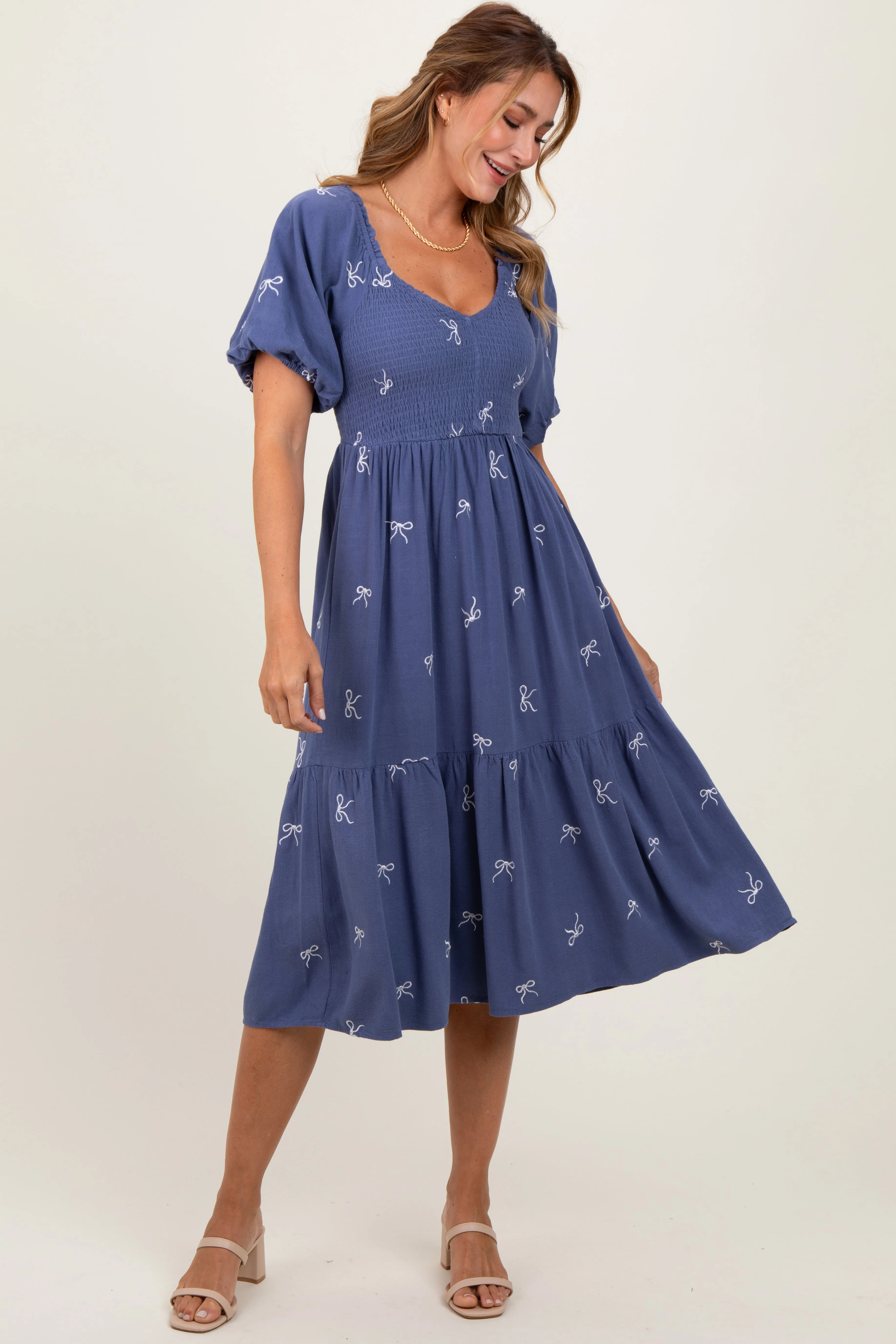 Blue Ribbon Print Smocked Midi Dress sold by Pinkblush