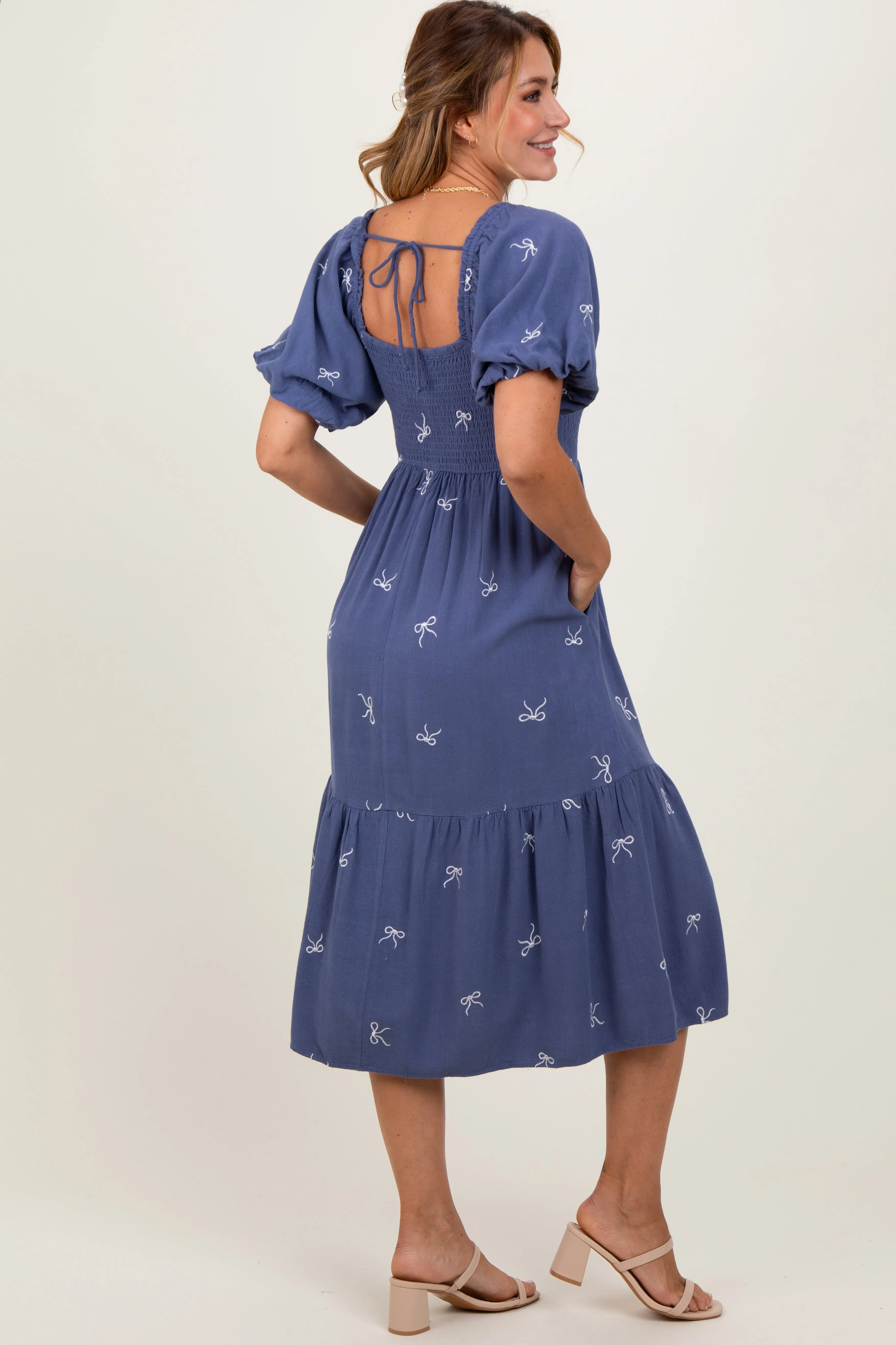Blue Ribbon Print Smocked Midi Dress sold by Pinkblush product image thumbnail 3