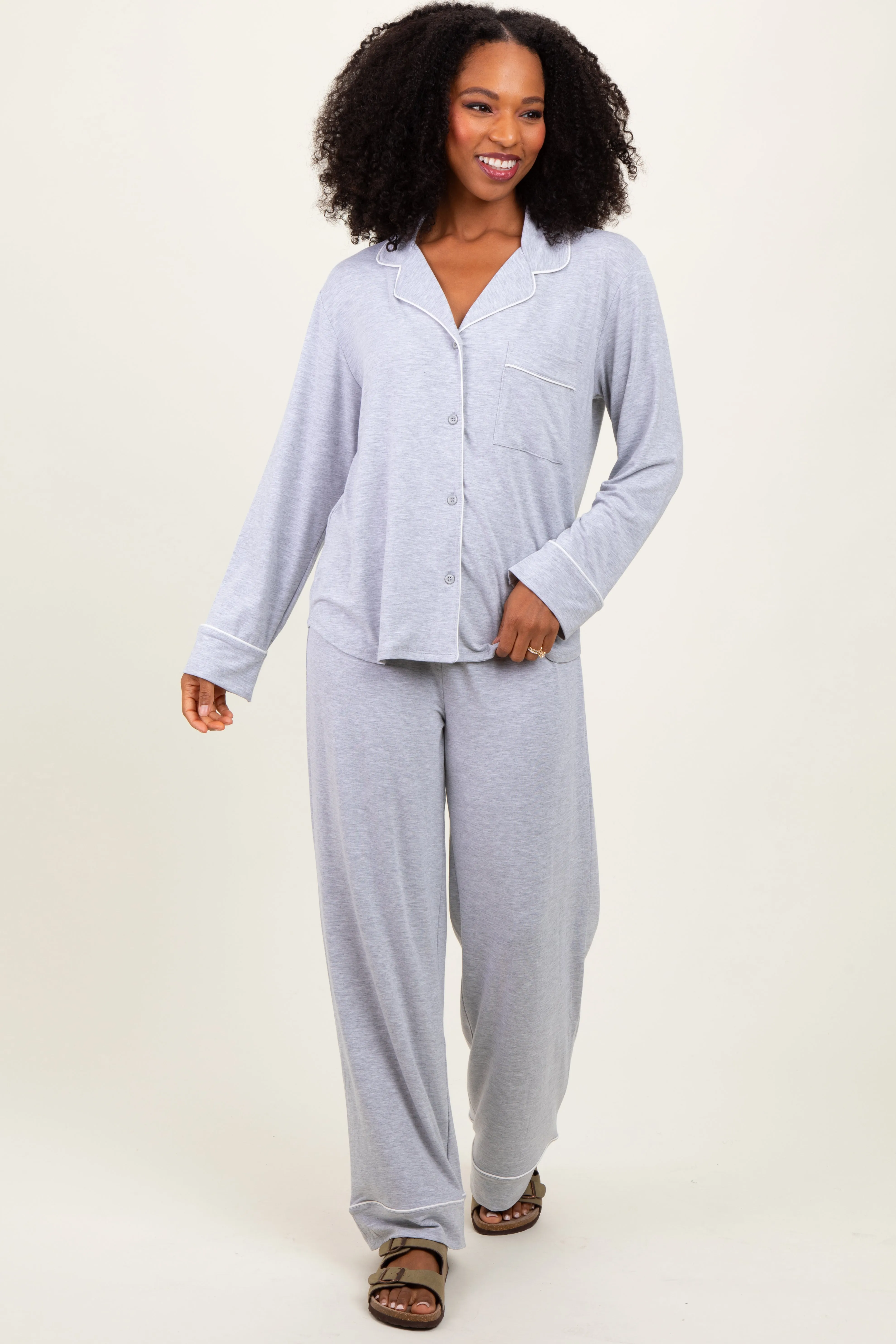 Heather Grey Button Down Top Wide Leg Pant Pajama Set sold by Pinkblush product image thumbnail 2