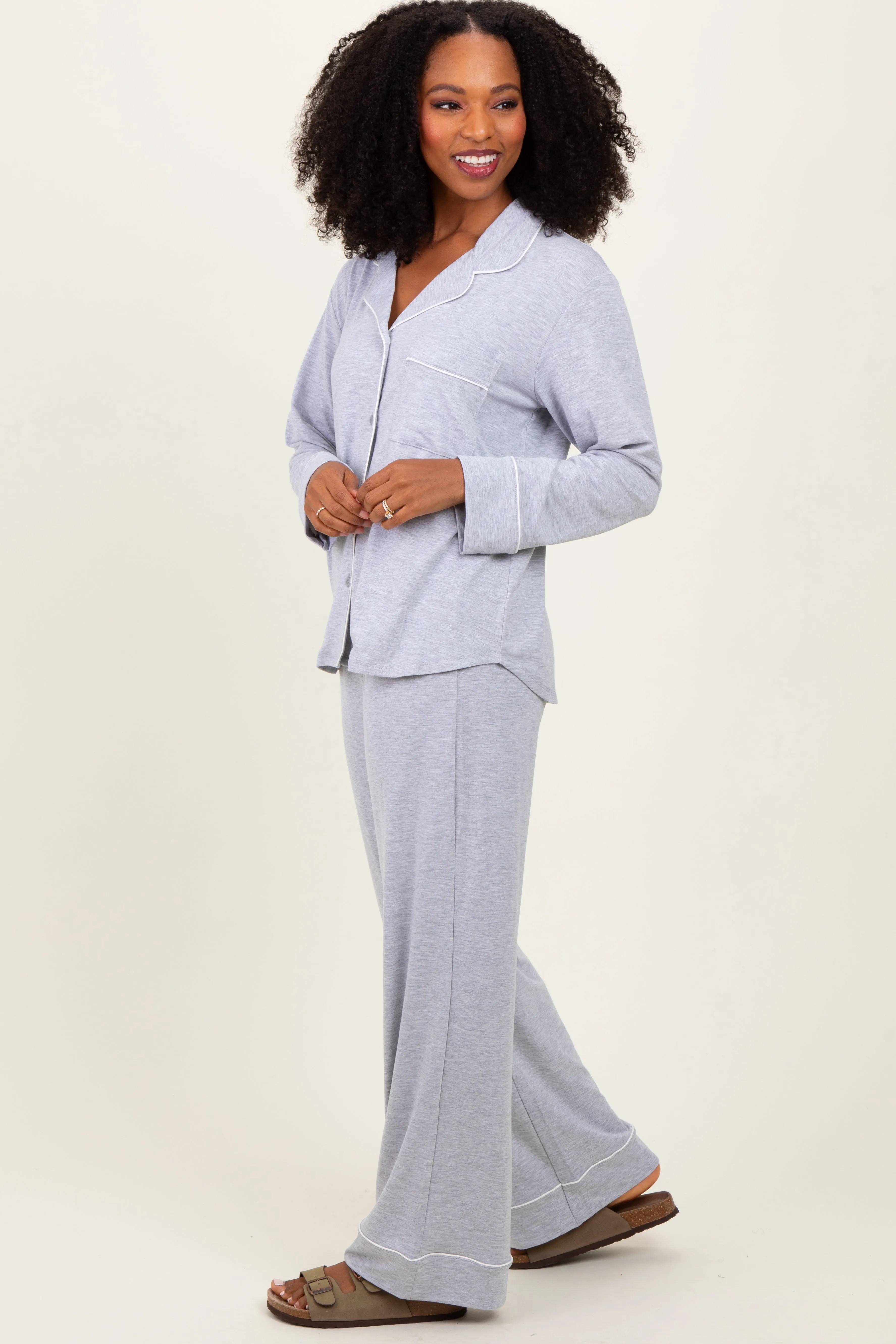 Heather Grey Button Down Top Wide Leg Pant Pajama Set sold by Pinkblush product image thumbnail 3