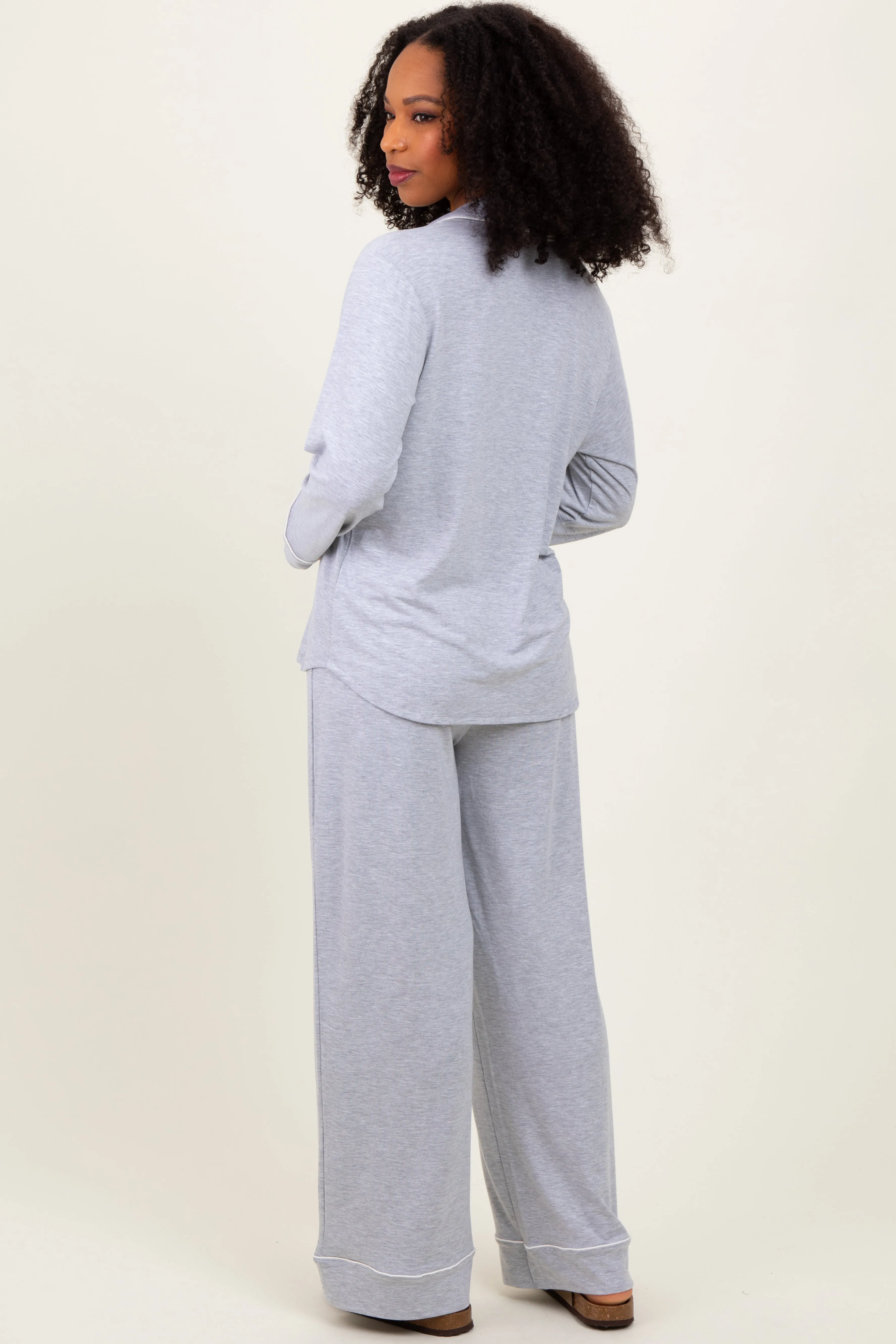 Heather Grey Button Down Top Wide Leg Pant Pajama Set sold by Pinkblush product image thumbnail 4
