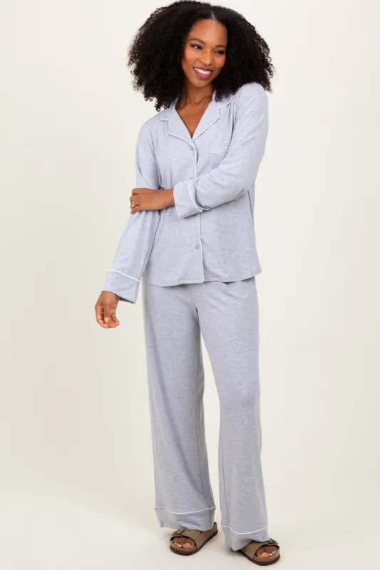Heather Grey Button Down Top Wide Leg Pant Pajama Set sold by Pinkblush
