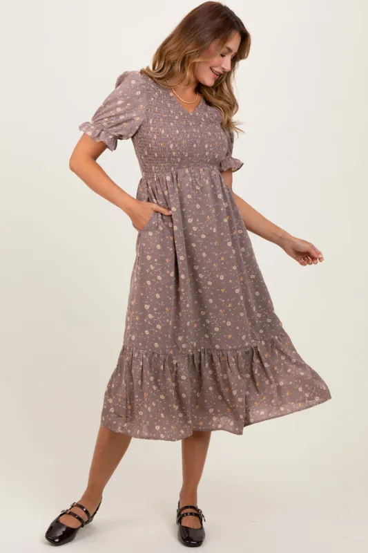 Mauve Floral Print Smocked Ruffle Hem Midi Dress sold by Pinkblush