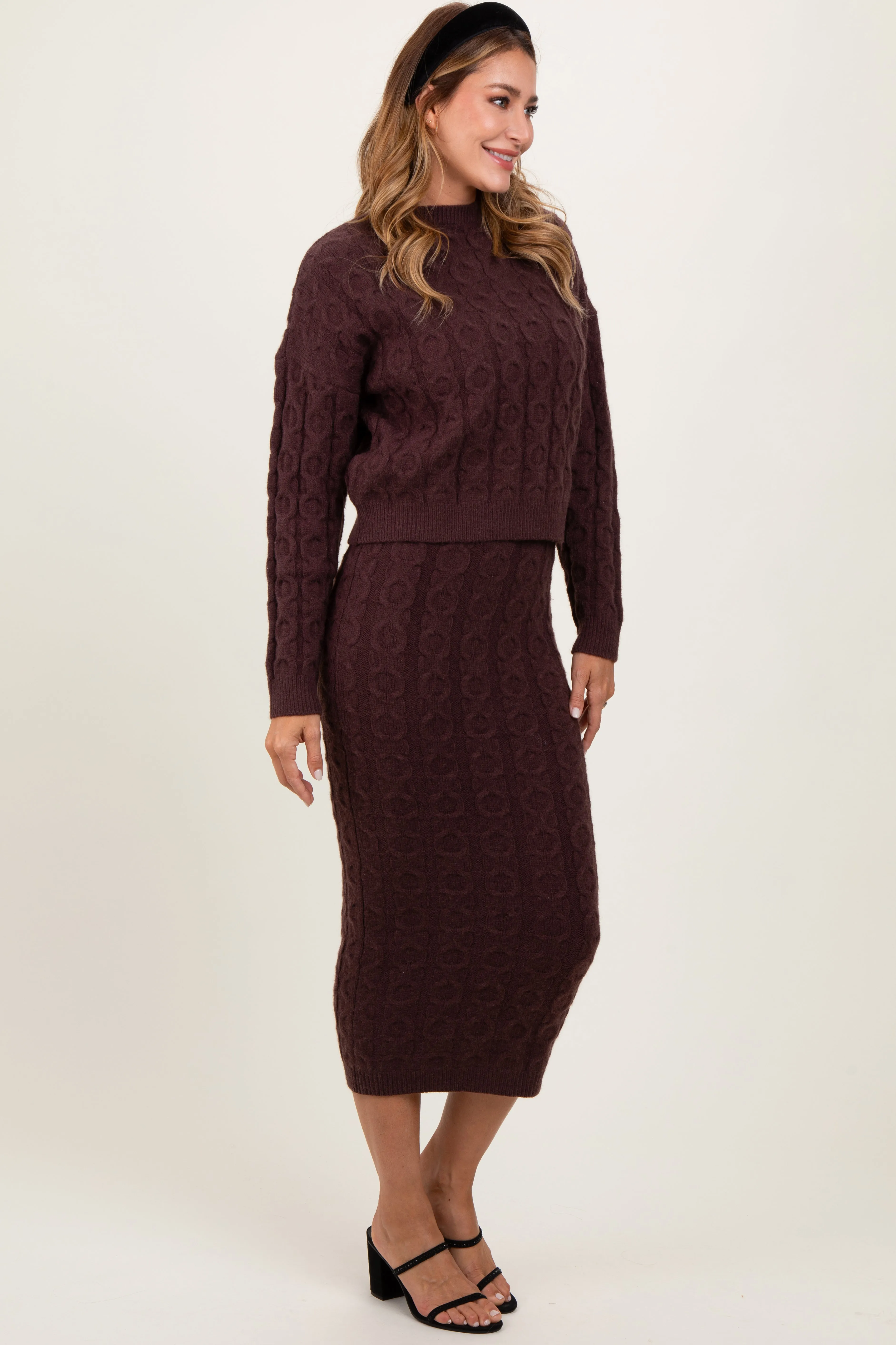 Brown Cable Knit Cropped Sweater Midi Skirt Set sold by Pinkblush product image thumbnail 3