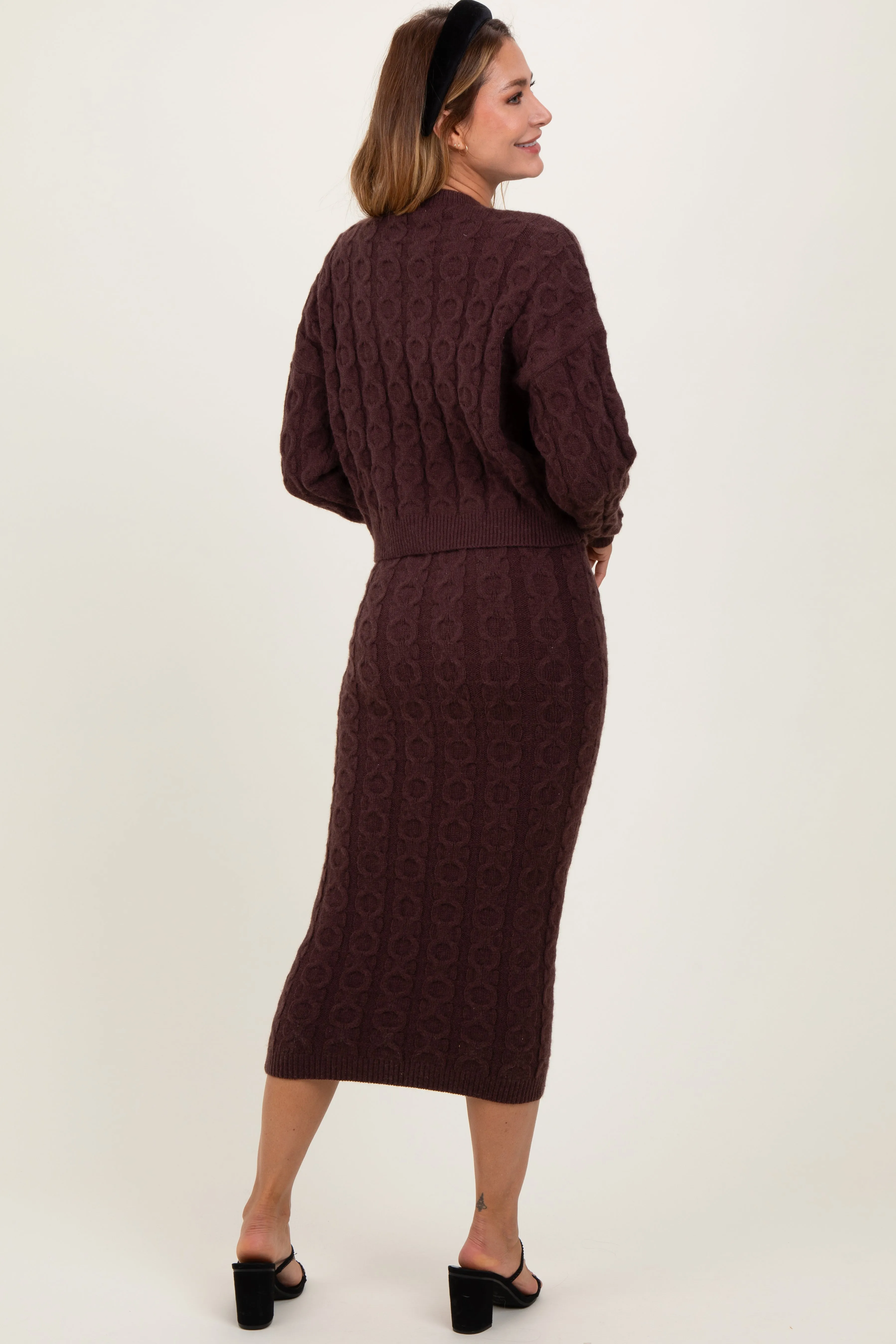 Brown Cable Knit Cropped Sweater Midi Skirt Set sold by Pinkblush product image thumbnail 4