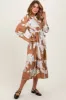 Camel Floral Print Cinched Tie Waist Shirt Dress sold by Pinkblush