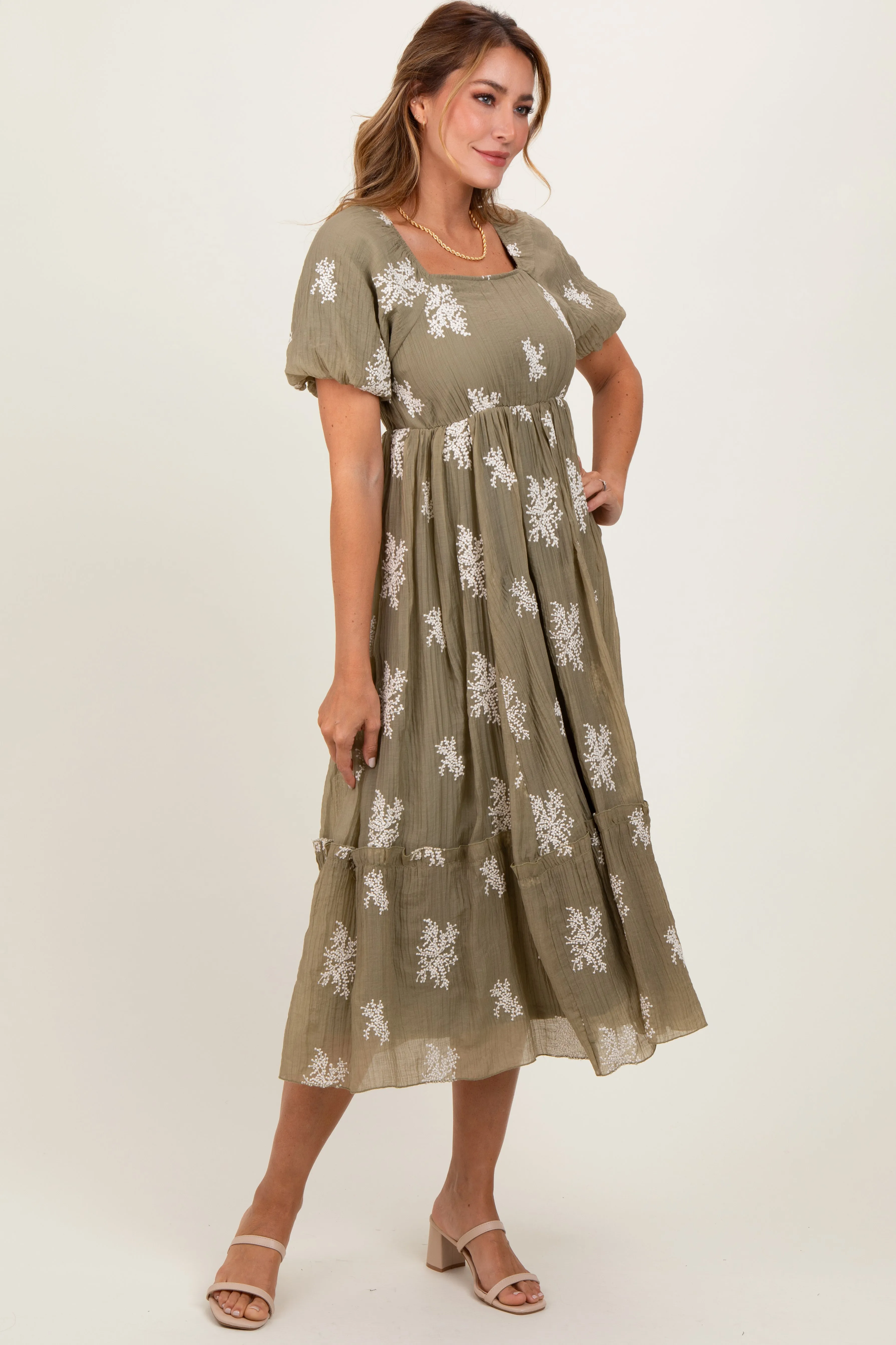 Olive Floral Print Ruffle Hem Midi Dress sold by Pinkblush product image thumbnail 3