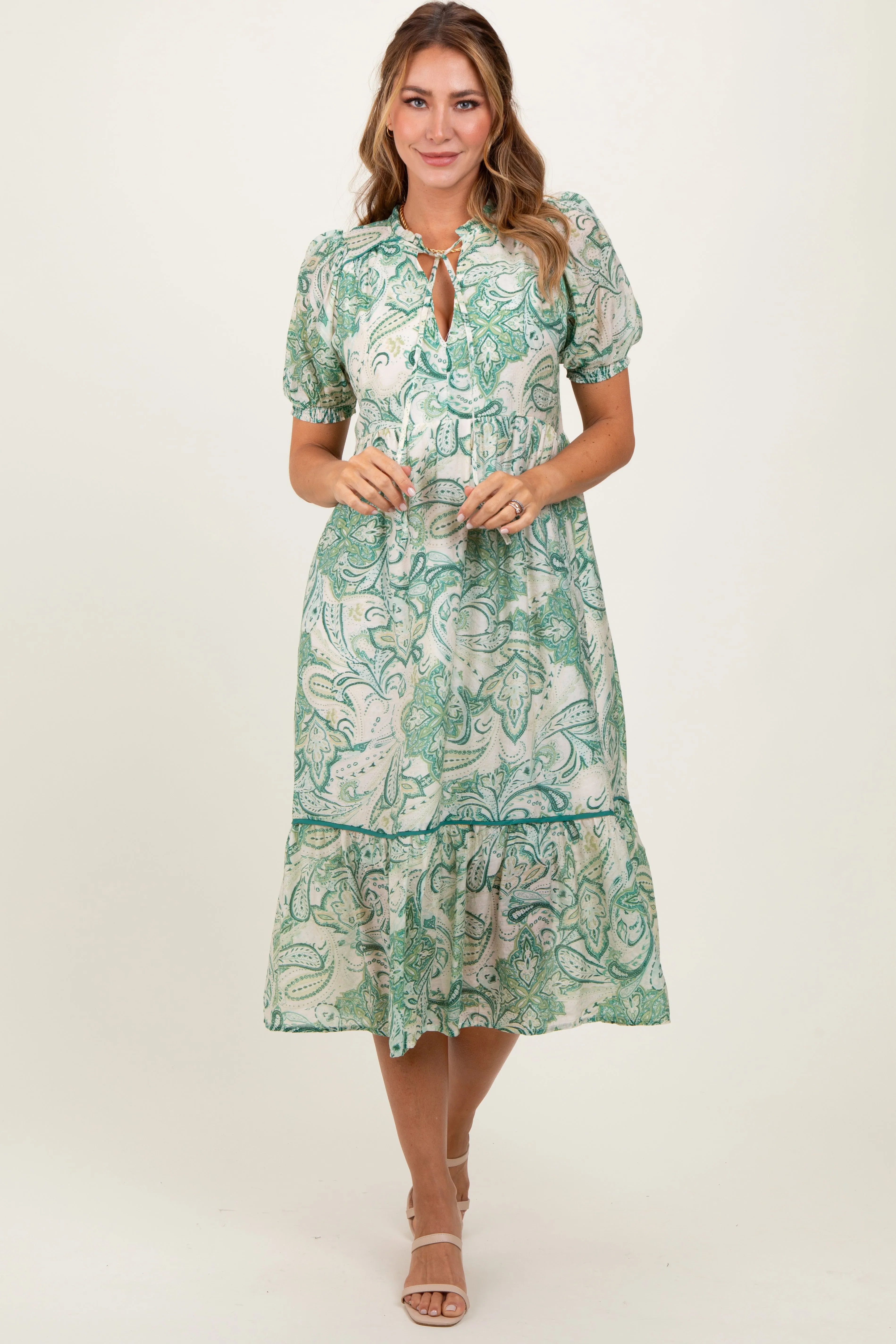 Green Paisley Front Tie Ruffle Trim Midi Dress sold by Pinkblush