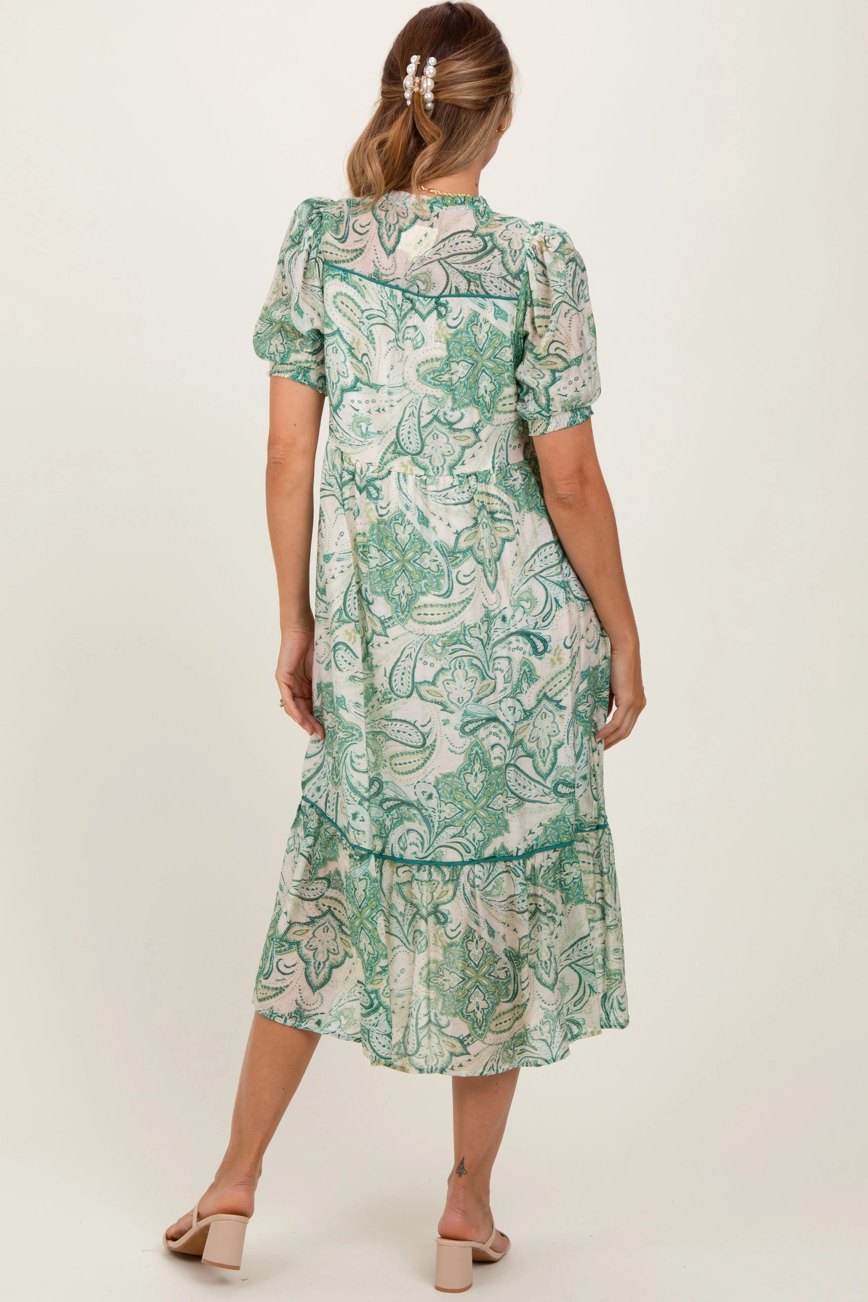 Green Paisley Front Tie Ruffle Trim Midi Dress sold by Pinkblush product image thumbnail 2