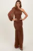 Mocha Ruched Mesh One Shoulder Asymmetric Maxi Dress sold by Pinkblush