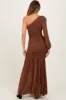 Mocha Ruched Mesh One Shoulder Asymmetric Maxi Dress sold by Pinkblush