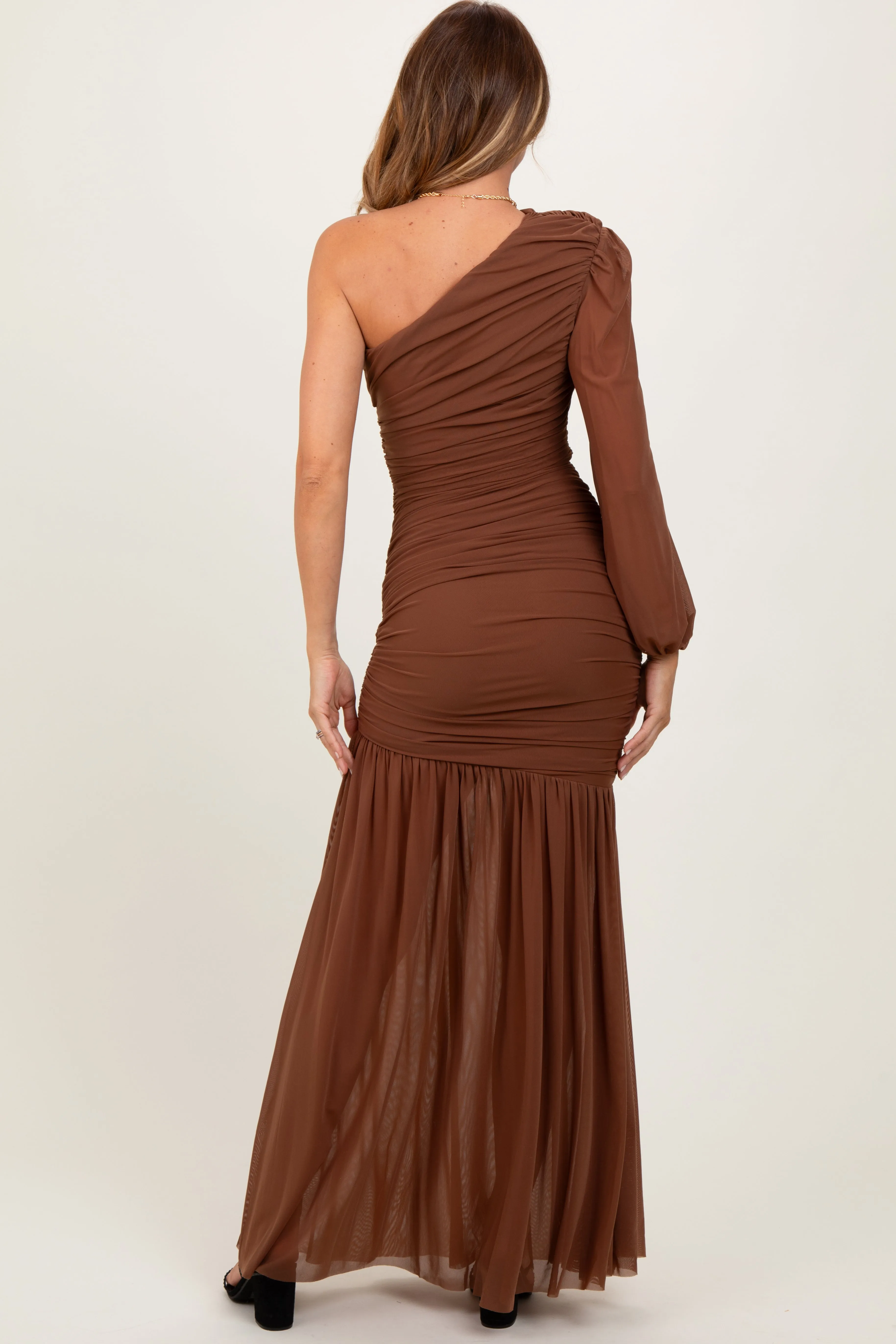 Mocha Ruched Mesh One Shoulder Asymmetric Maxi Dress sold by Pinkblush product image thumbnail 4