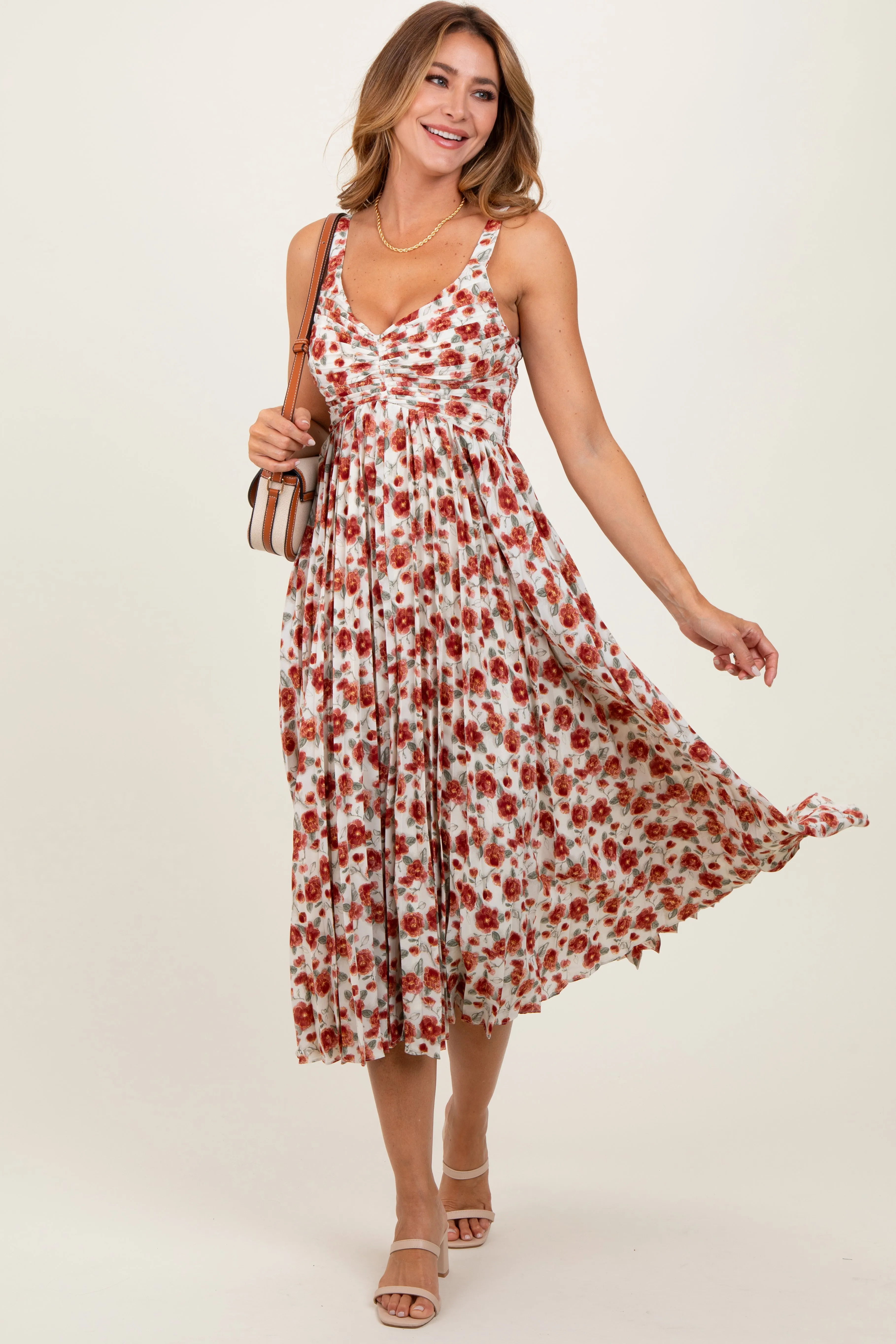 Red Floral Pleated Midi Dress sold by Pinkblush product image thumbnail 2