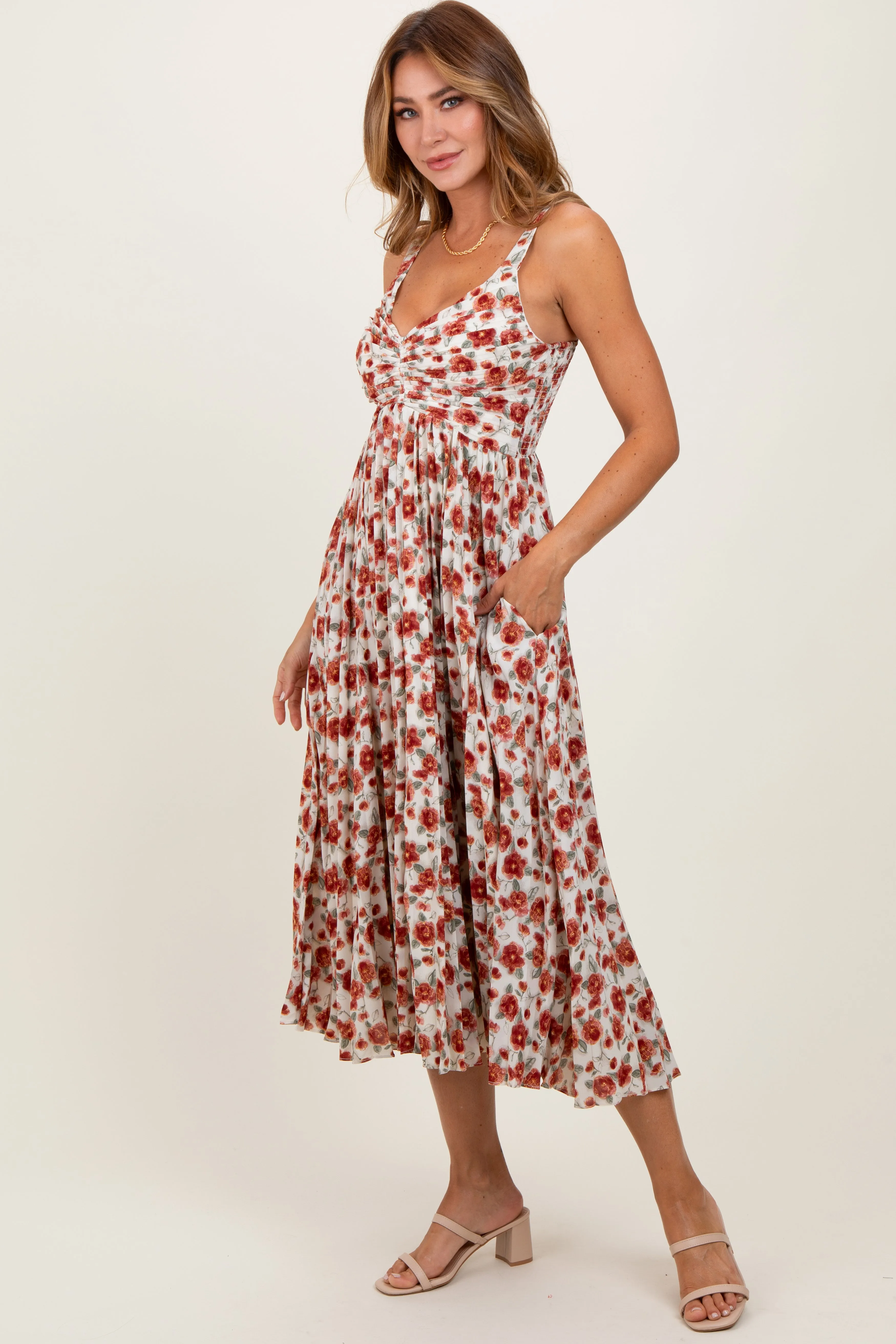 Red Floral Pleated Midi Dress sold by Pinkblush product image thumbnail 3