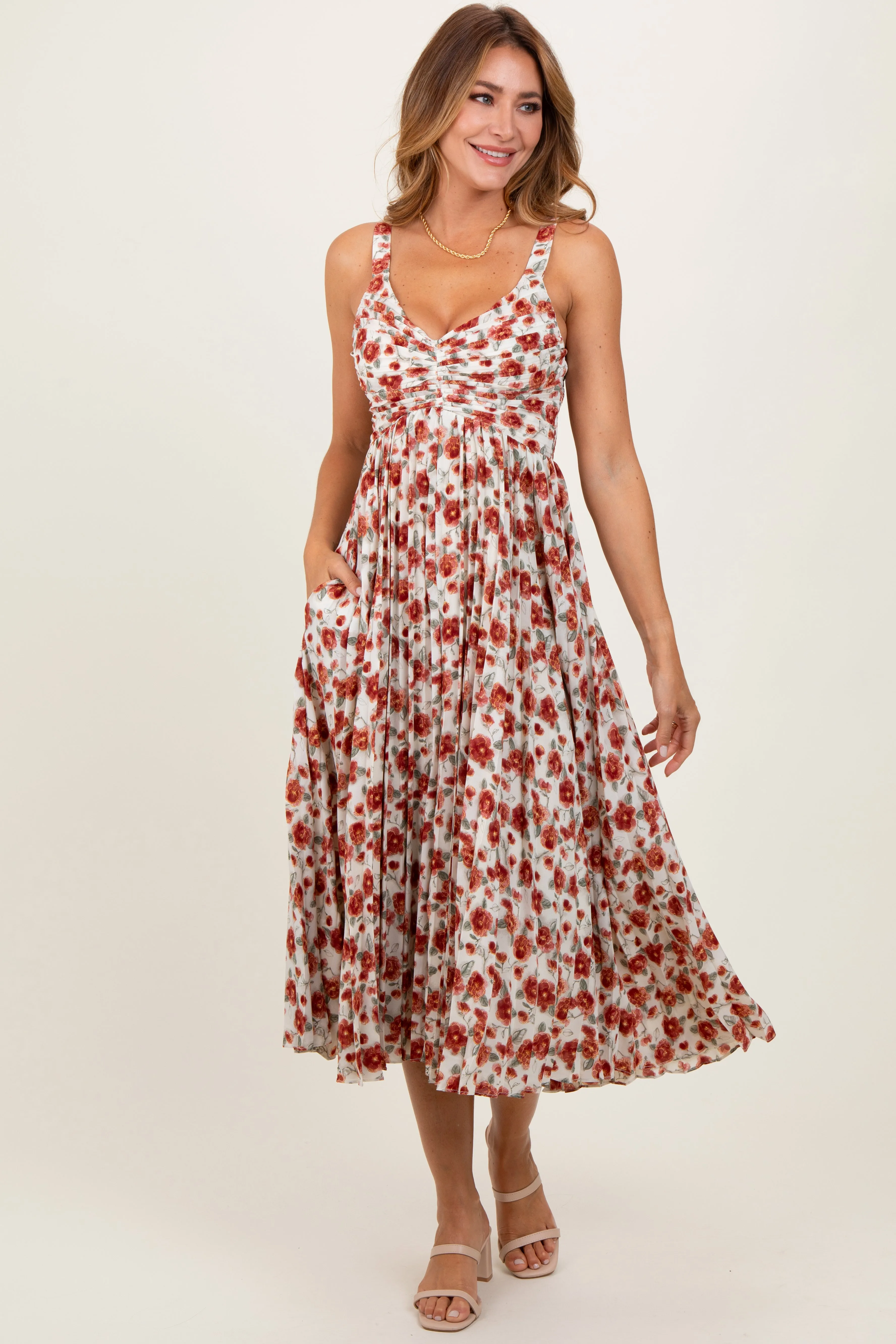 Red Floral Pleated Midi Dress sold by Pinkblush