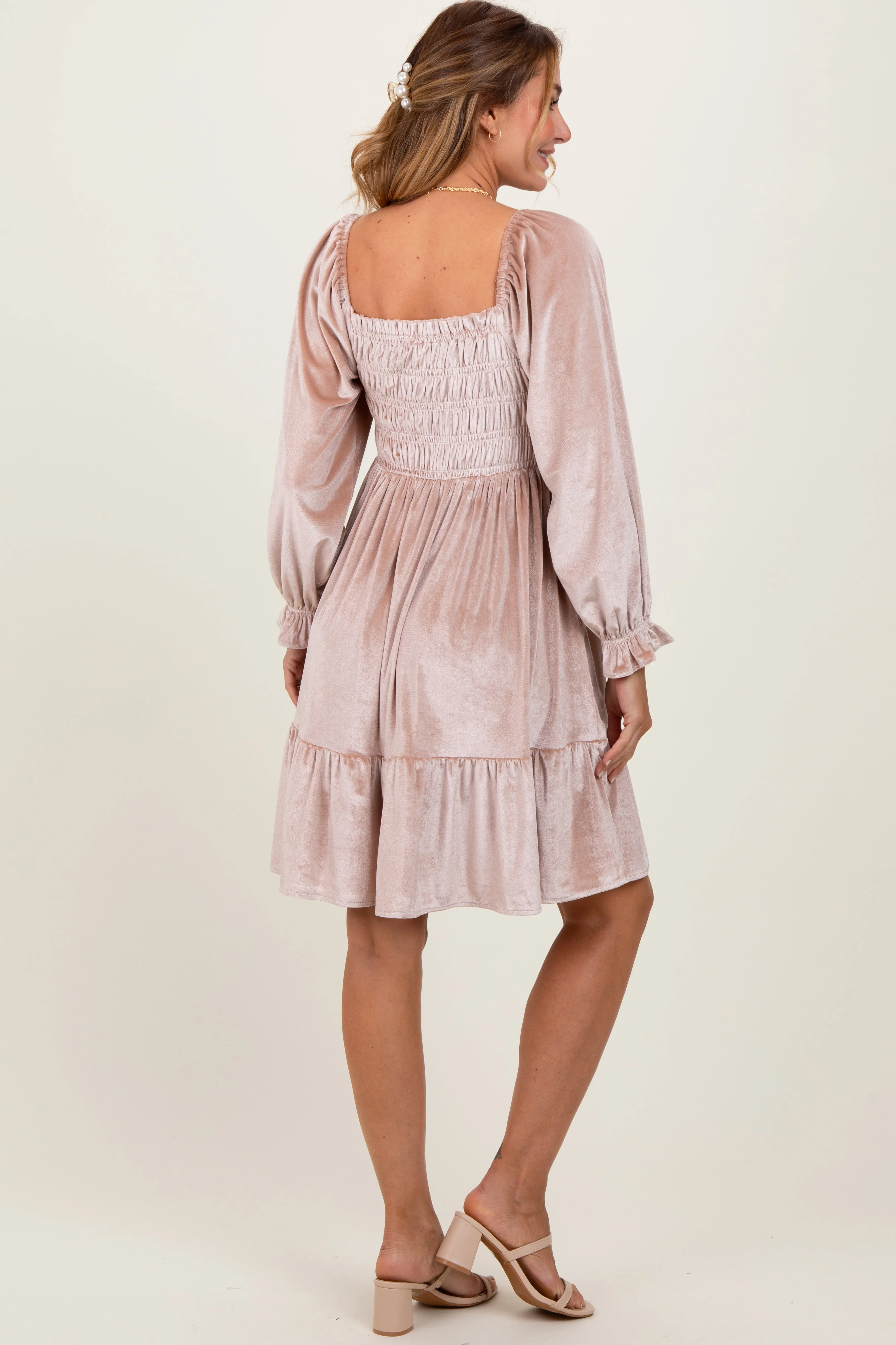 Light Taupe Velvet Smocked Long Sleeve Dress sold by Pinkblush product image thumbnail 4