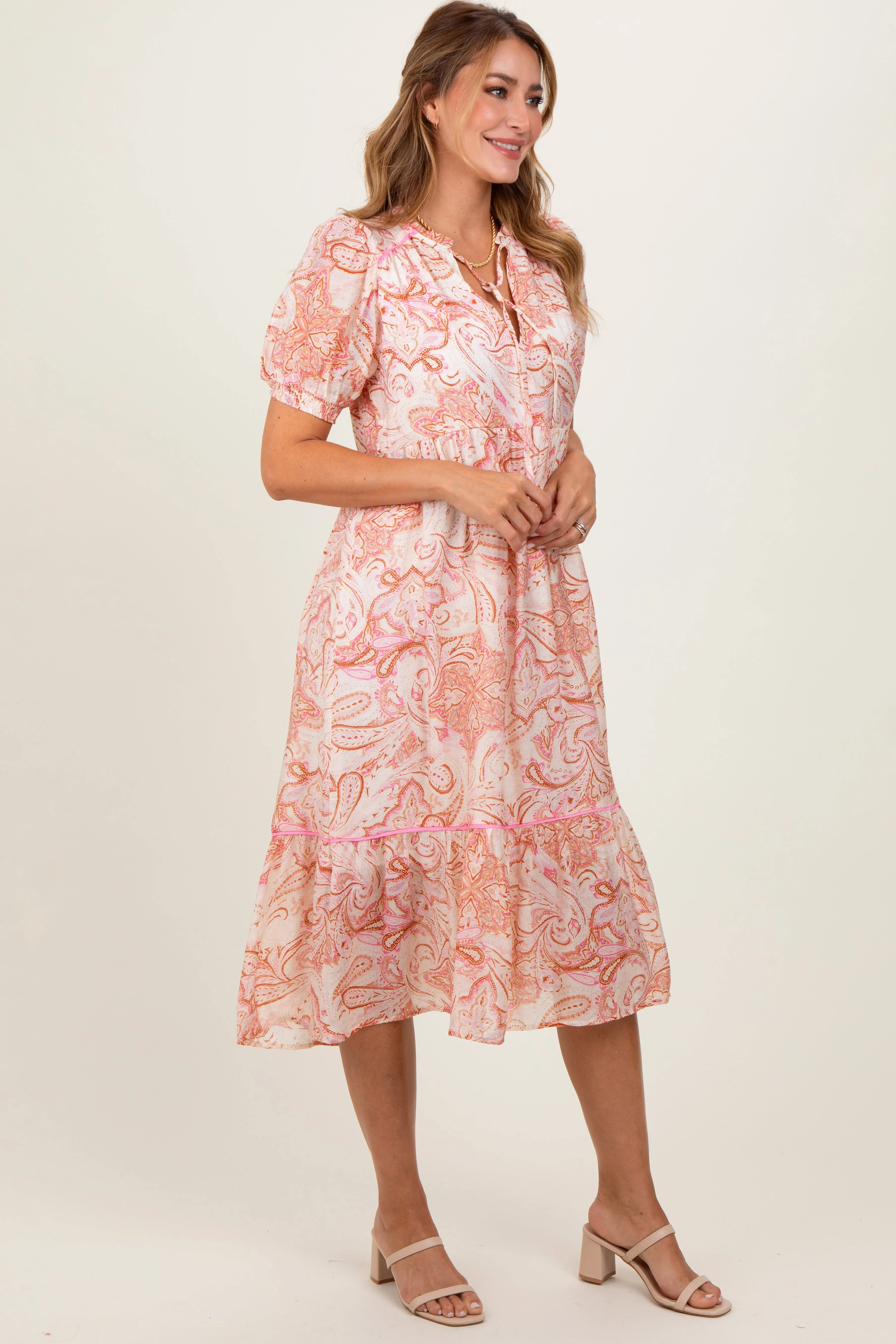 Pink Paisley Front Tie Ruffle Trim Midi Dress sold by Pinkblush product image thumbnail 3