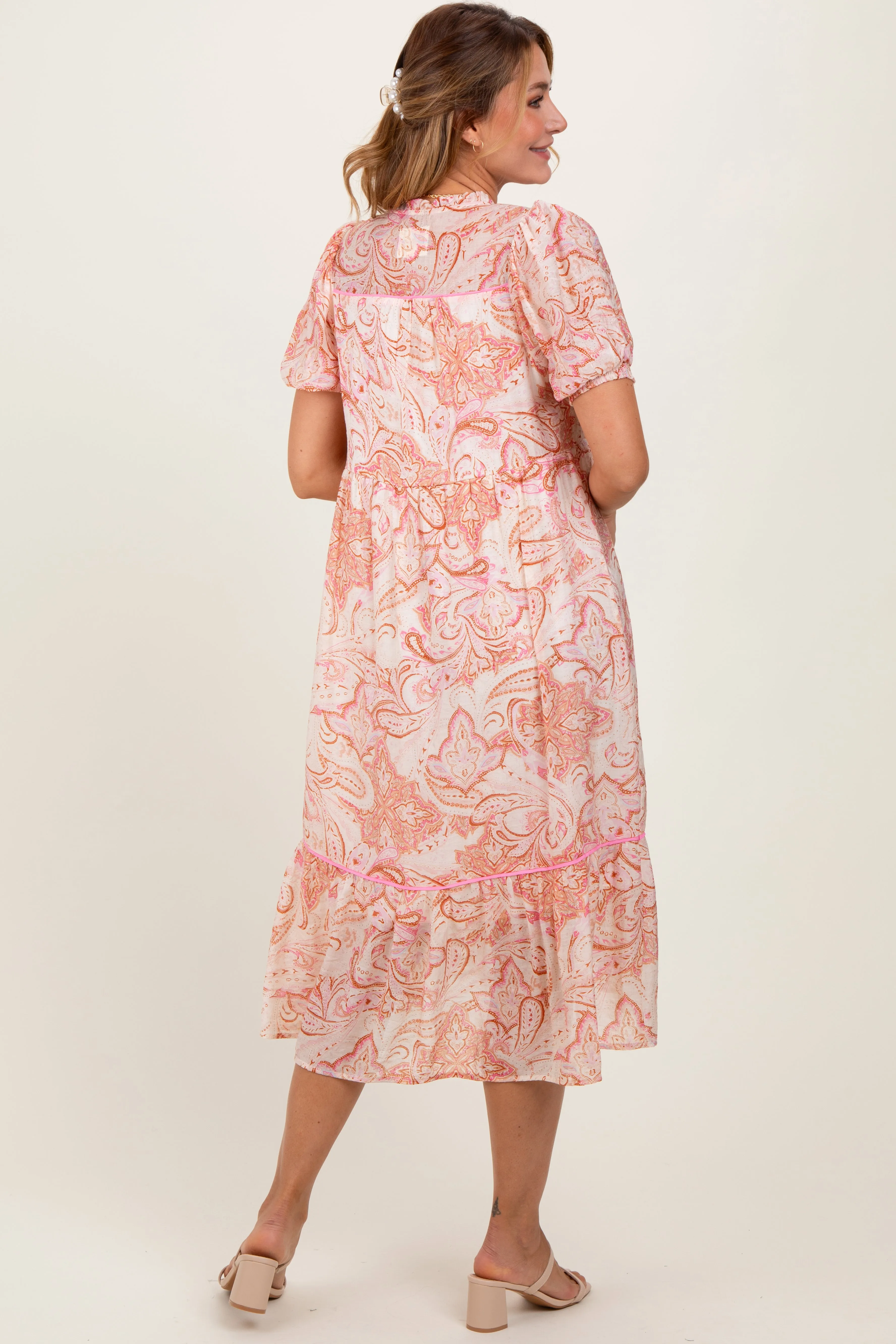 Pink Paisley Front Tie Ruffle Trim Midi Dress sold by Pinkblush product image thumbnail 4