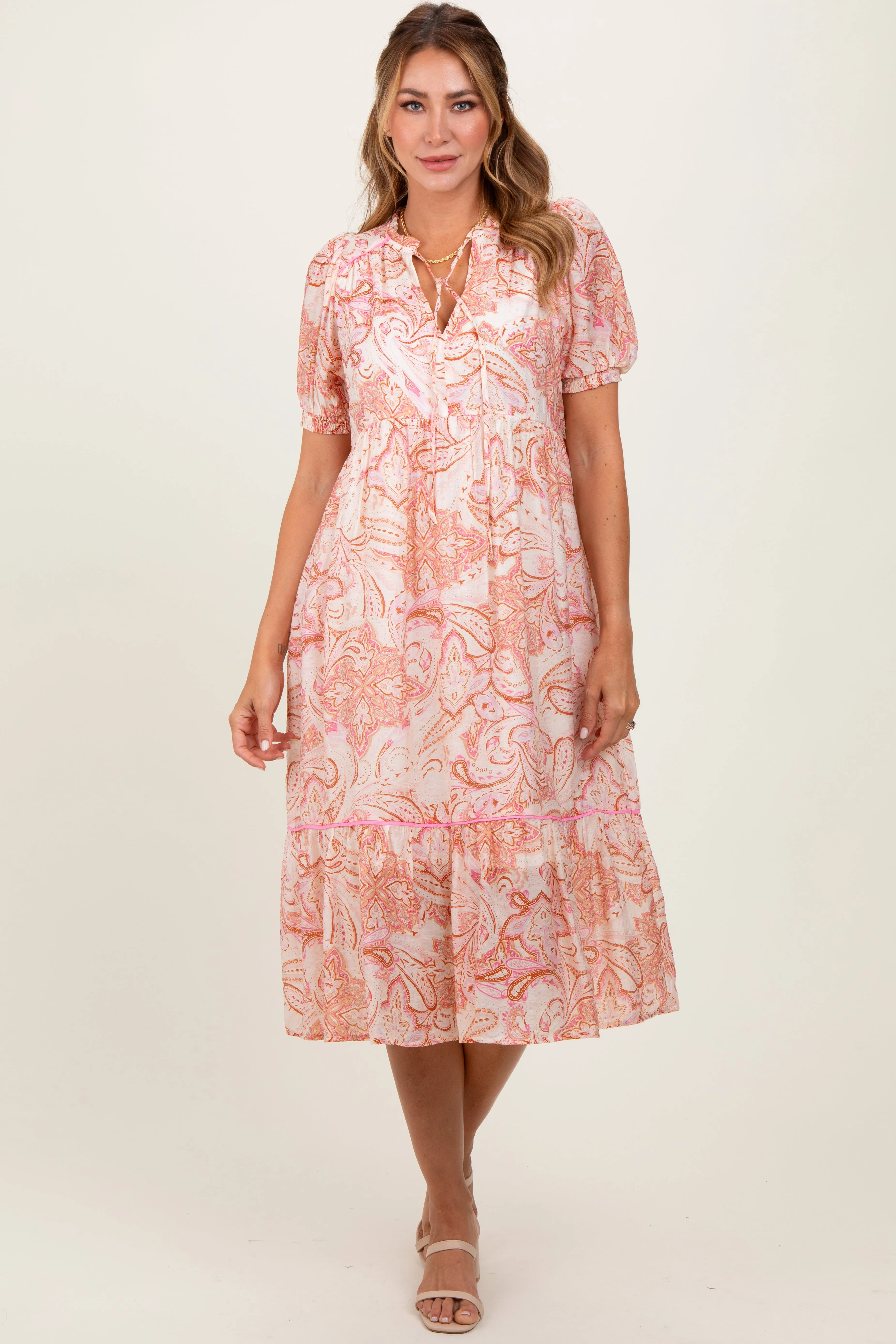 Pink Paisley Front Tie Ruffle Trim Midi Dress sold by Pinkblush