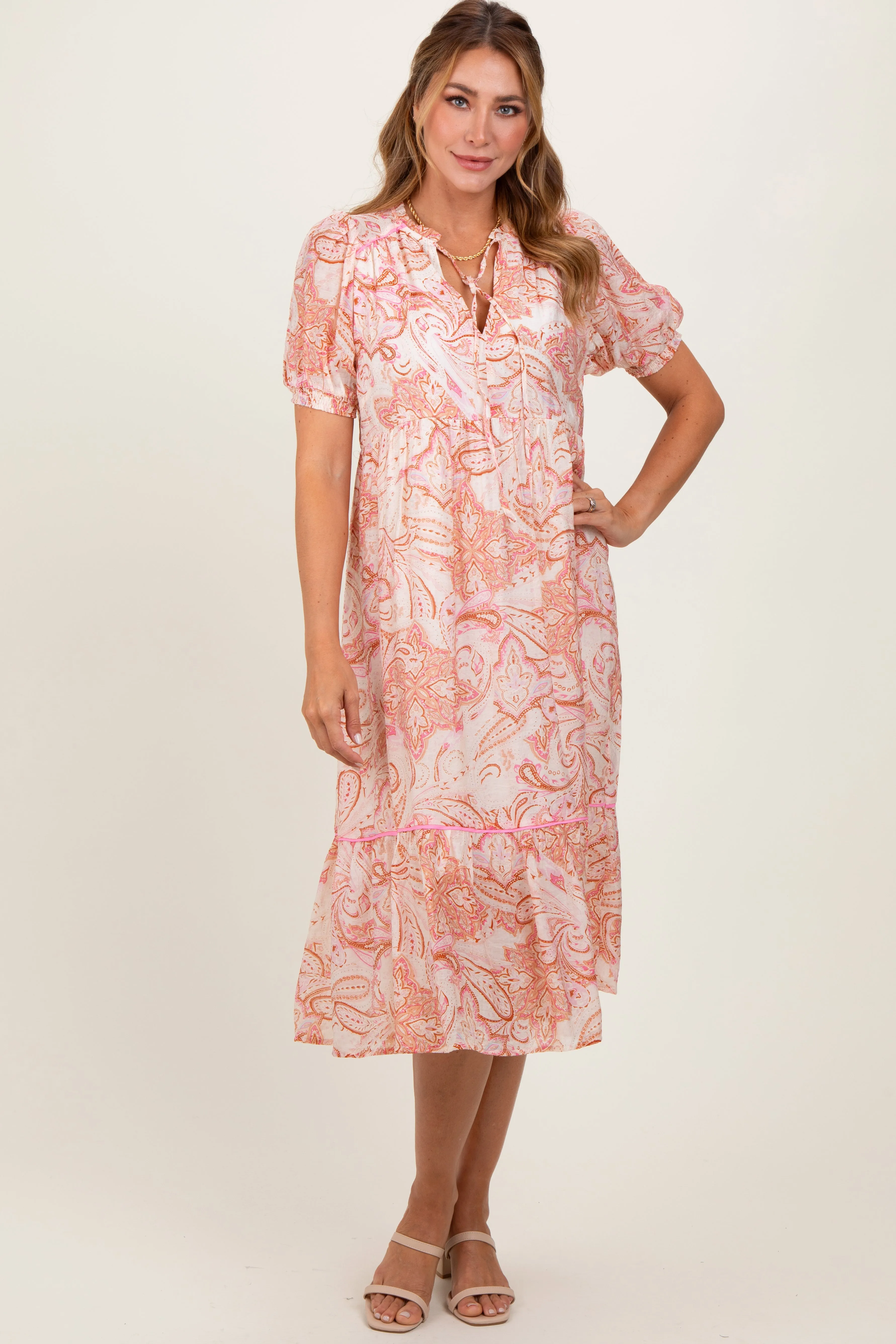 Pink Paisley Front Tie Ruffle Trim Midi Dress sold by Pinkblush product image thumbnail 2