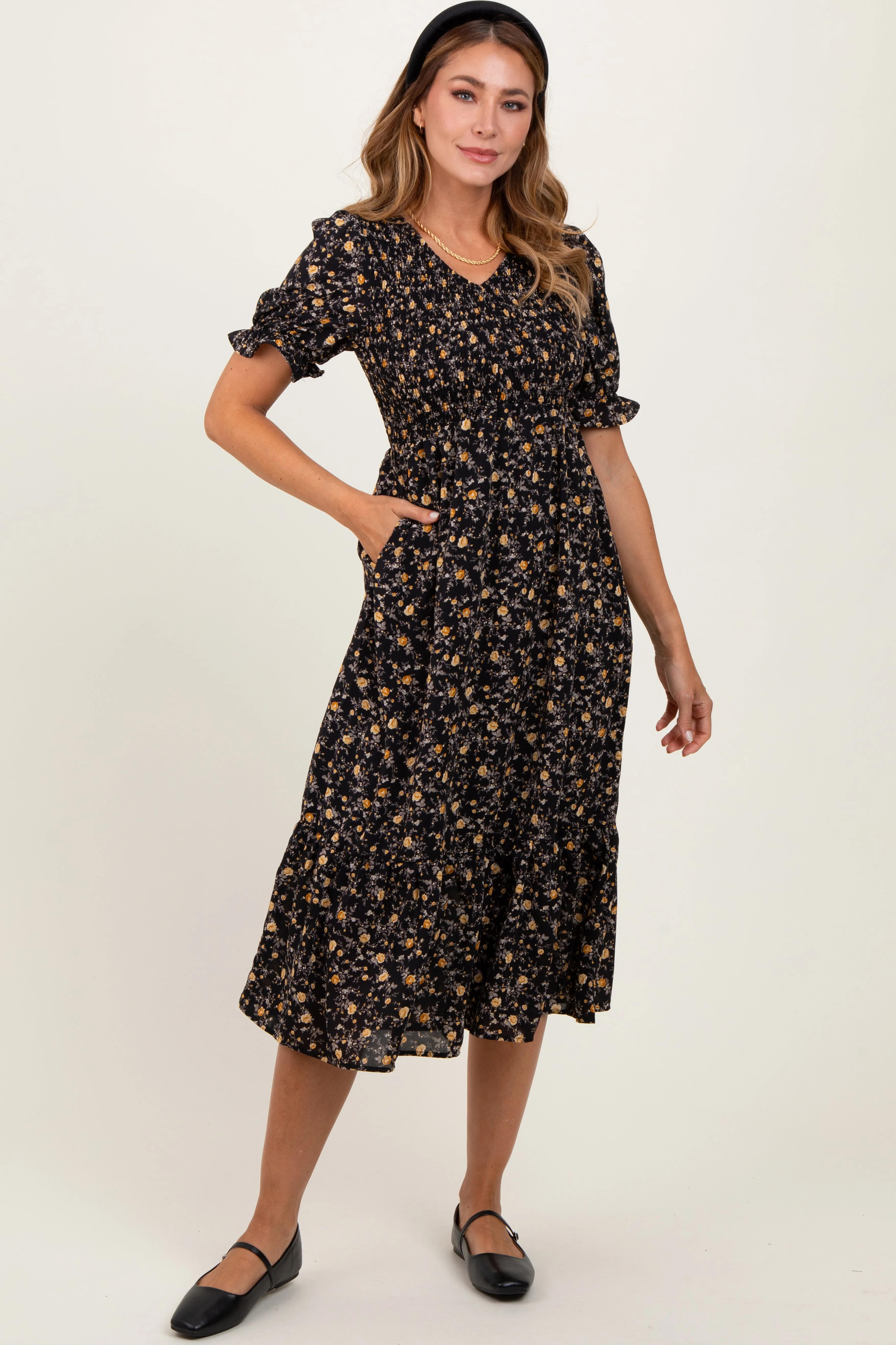 Black Floral Print Smocked Ruffle Hem Midi Dress sold by Pinkblush product image thumbnail 3