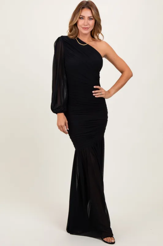 Black Ruched Mesh One Shoulder Asymmetric Maxi Dress sold by Pinkblush