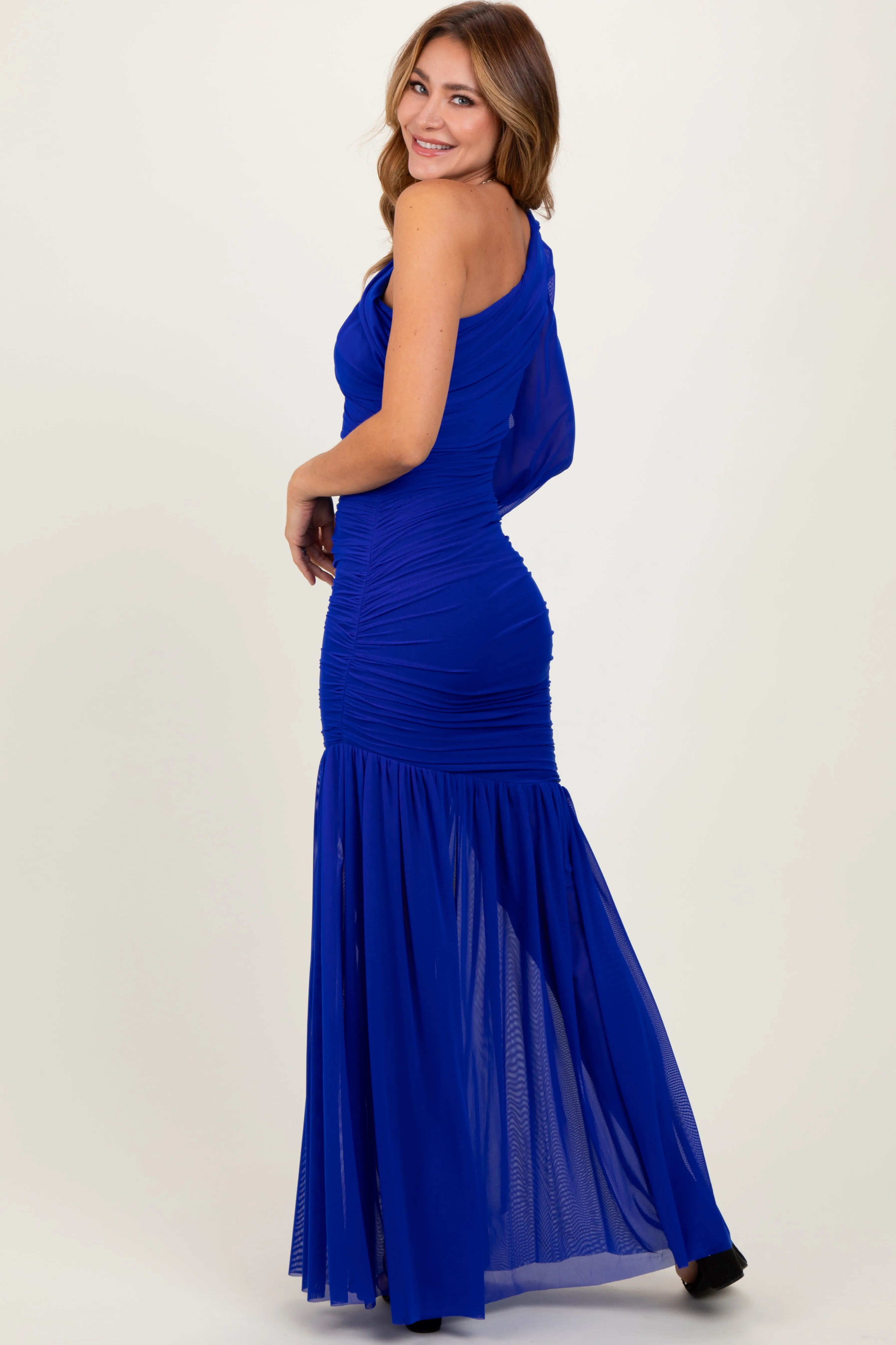 Royal Ruched Mesh One Shoulder Asymmetric Maxi Dress sold by Pinkblush product image thumbnail 4
