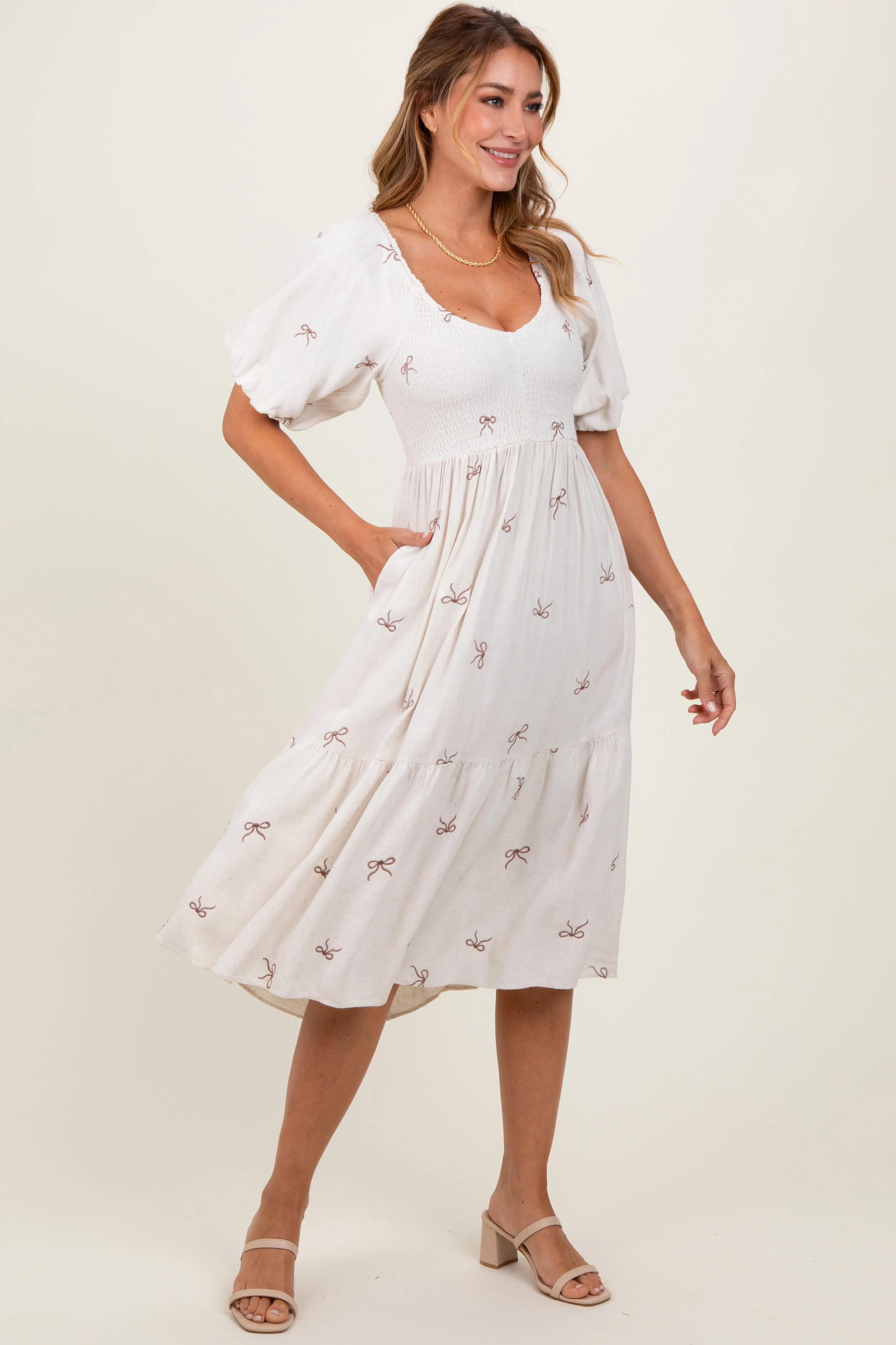 Cream Ribbon Print Smocked Midi Dress sold by Pinkblush product image thumbnail 3
