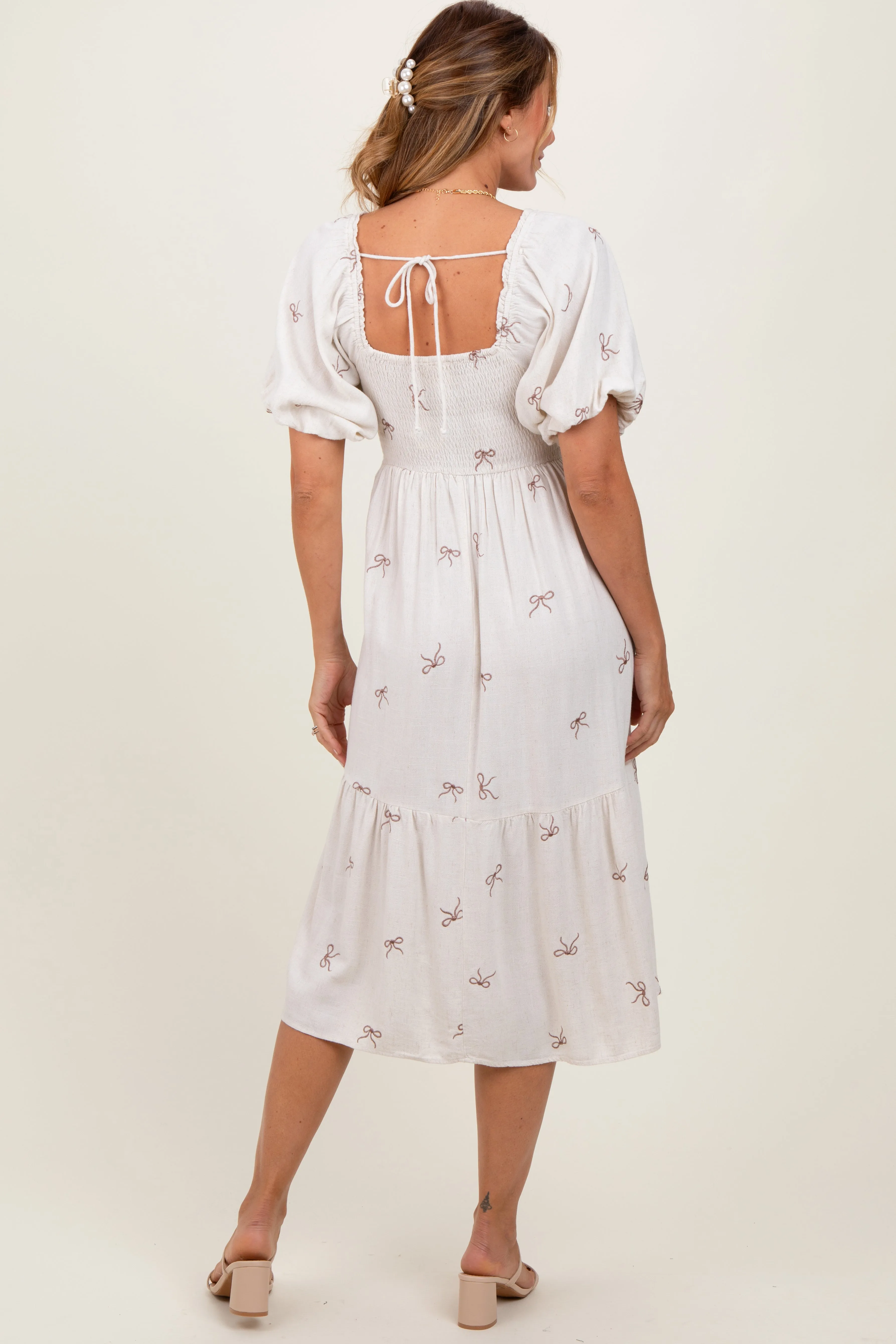 Cream Ribbon Print Smocked Midi Dress sold by Pinkblush product image thumbnail 4