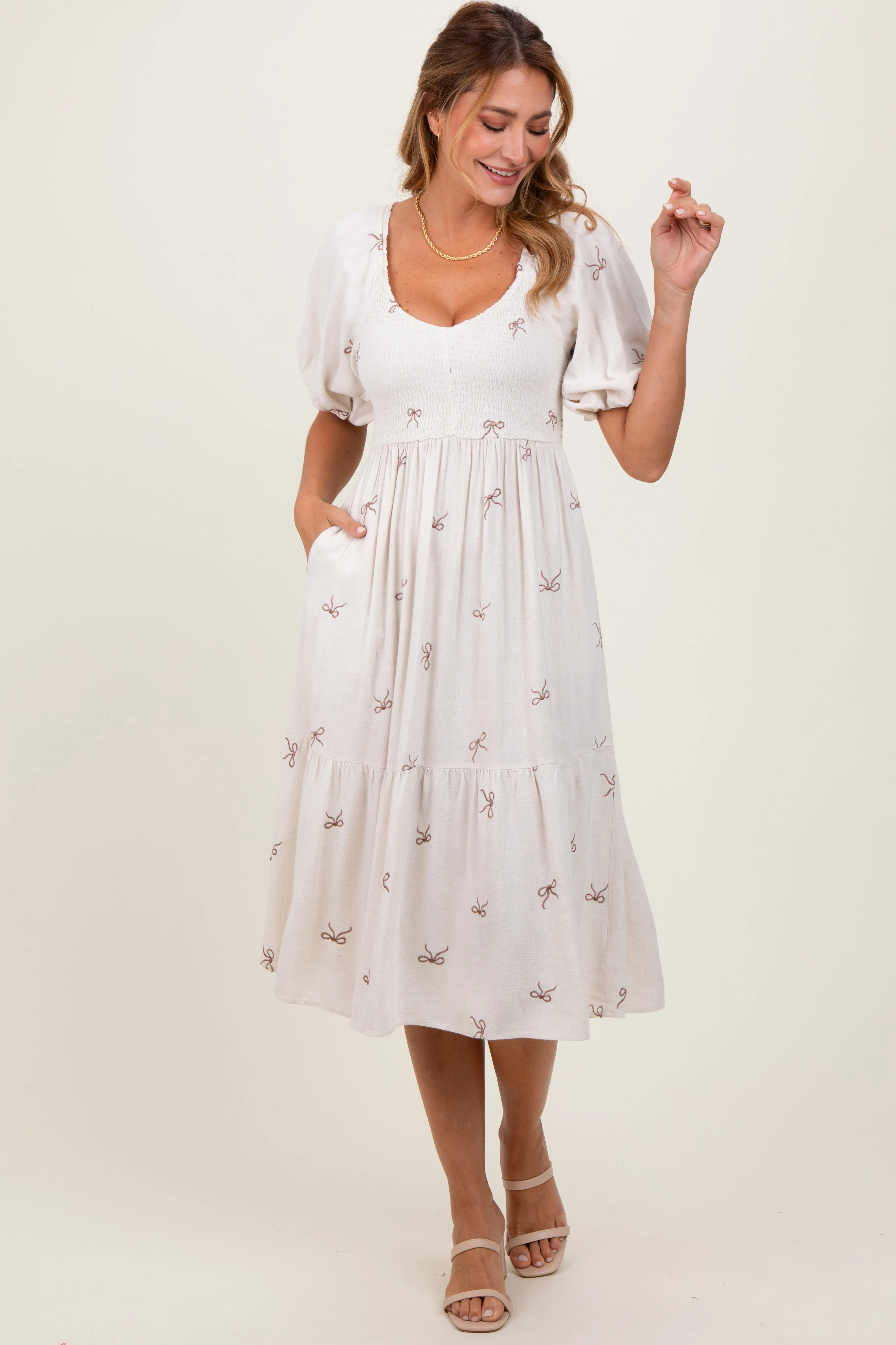 Cream Ribbon Print Smocked Midi Dress sold by Pinkblush