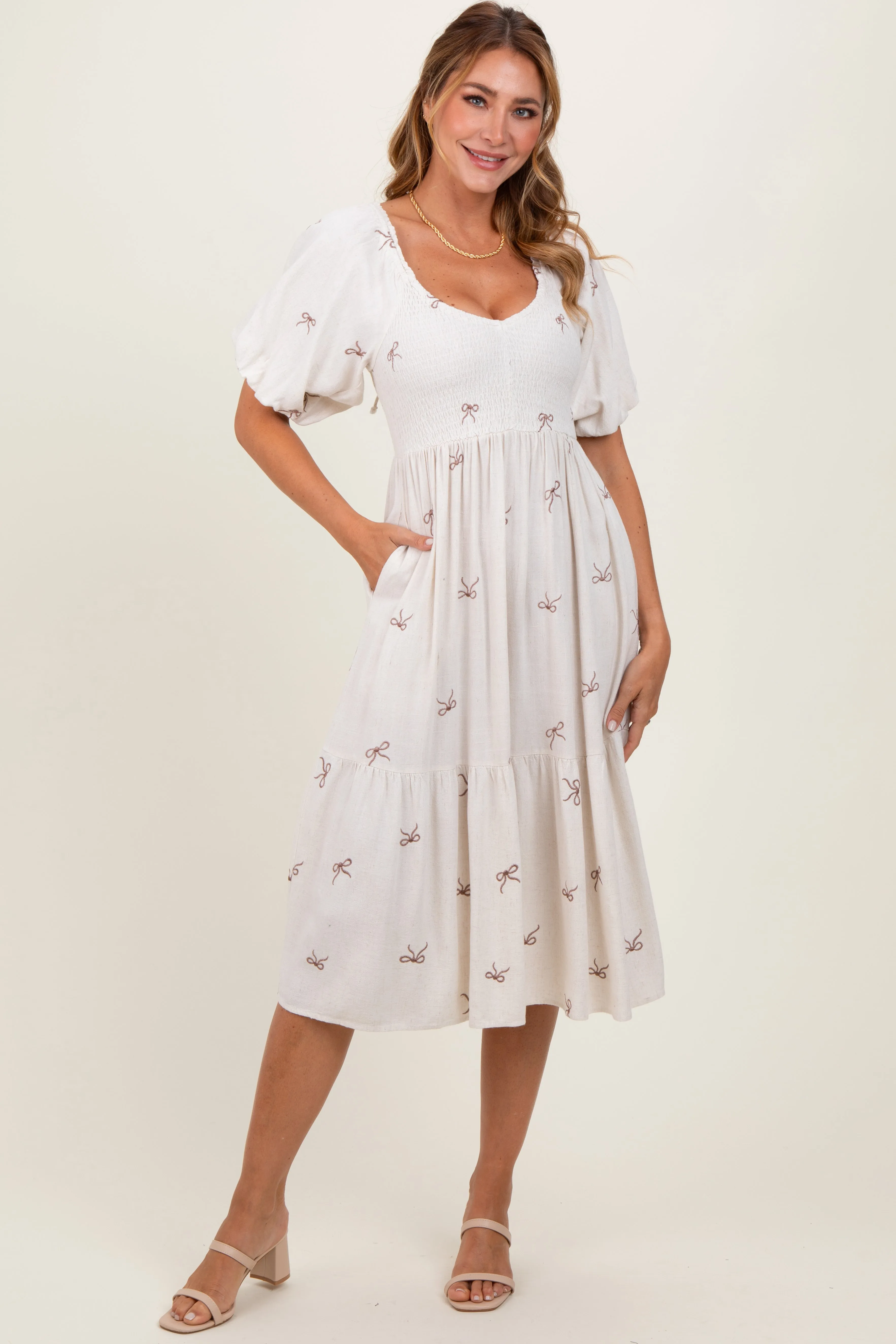 Cream Ribbon Print Smocked Midi Dress sold by Pinkblush product image thumbnail 2