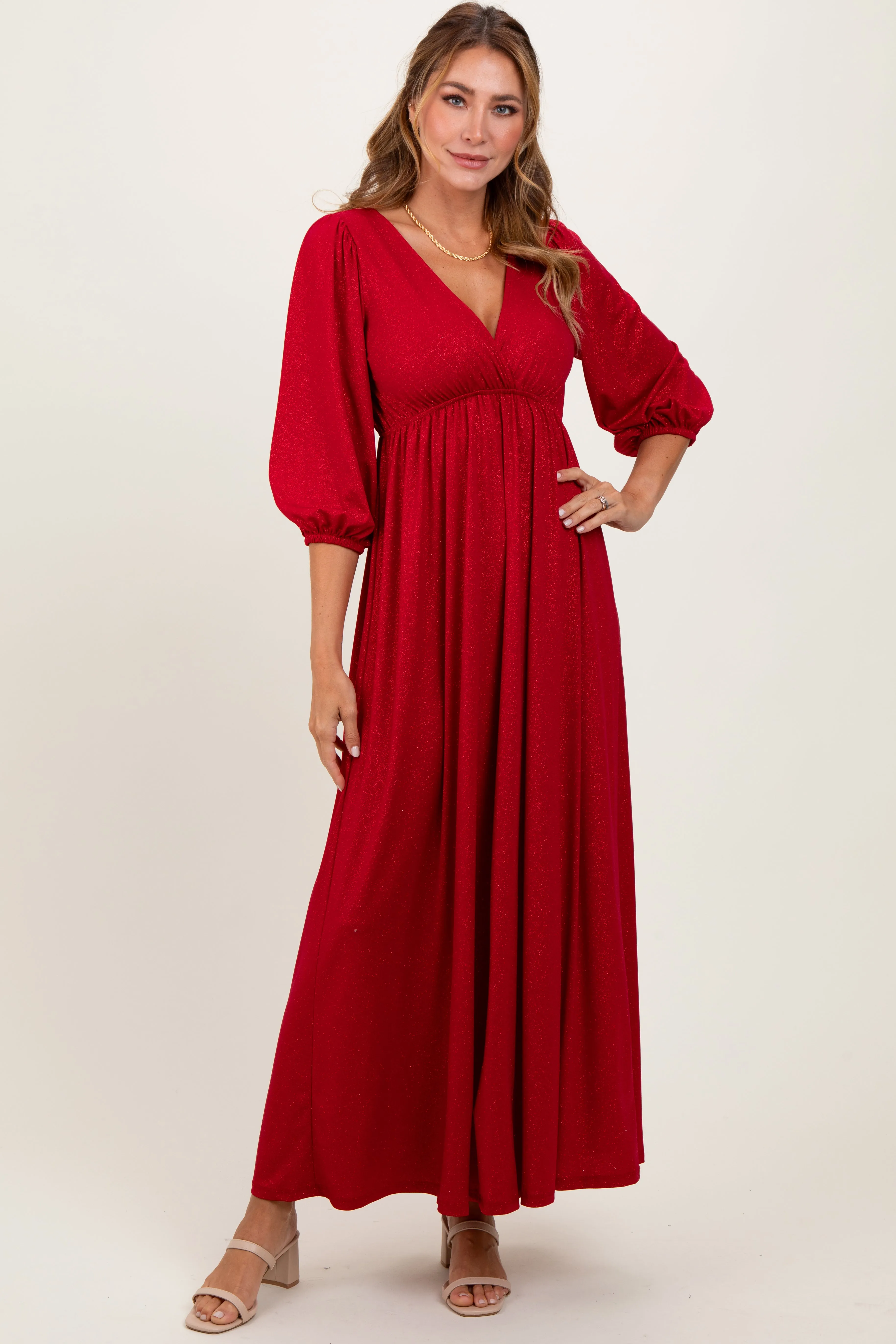 Red Glitter V-Neck Maxi Dress sold by Pinkblush
