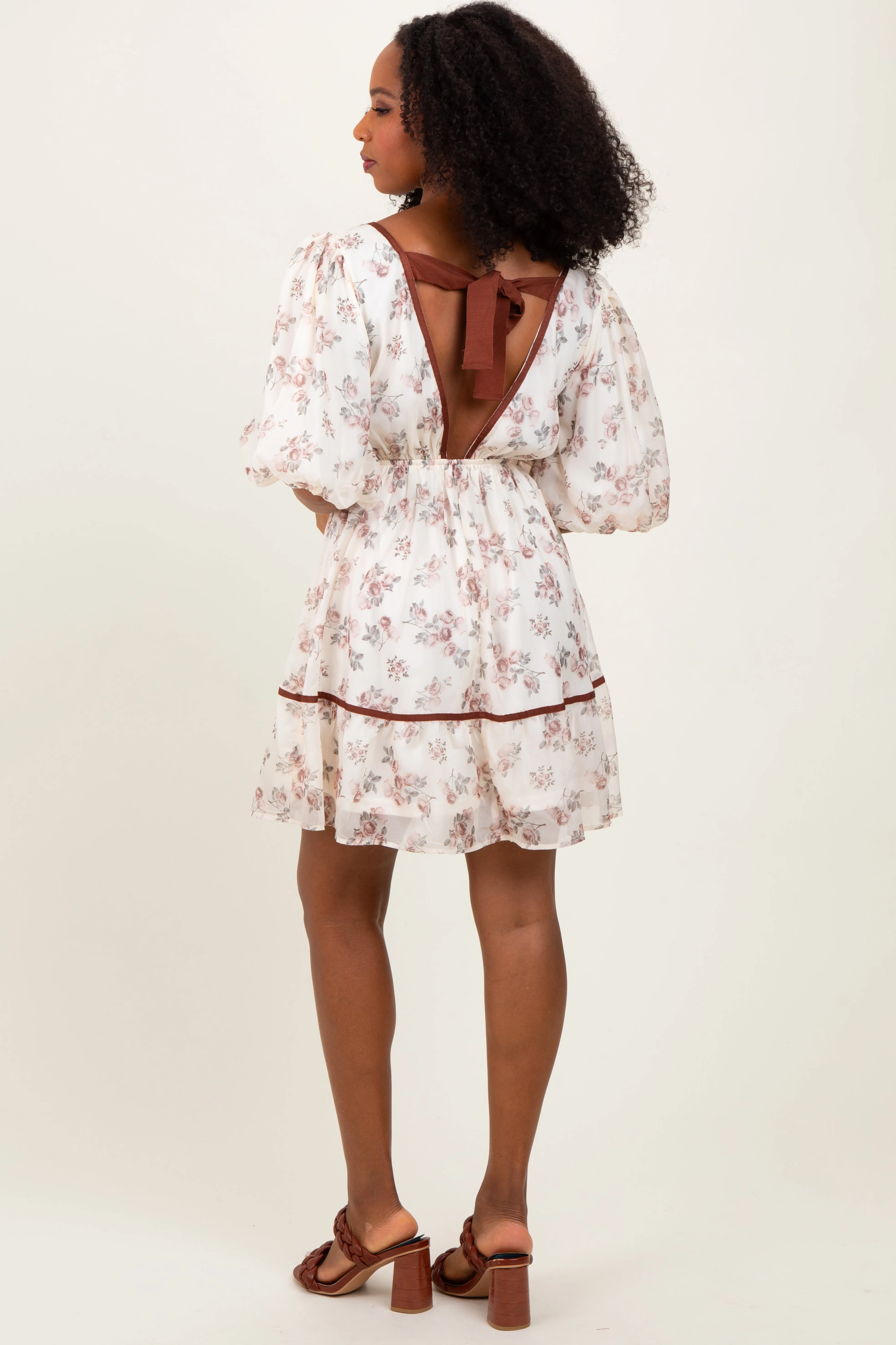 Cream Floral Deep V-Neck Back Cutout Dress sold by Pinkblush product image thumbnail 3