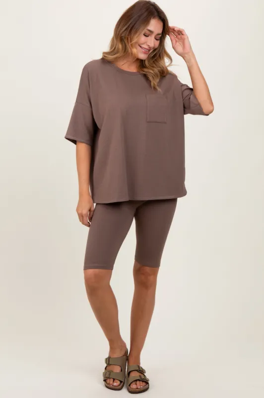 Brown Oversized Short Sleeve Biker Short Set sold by Pinkblush