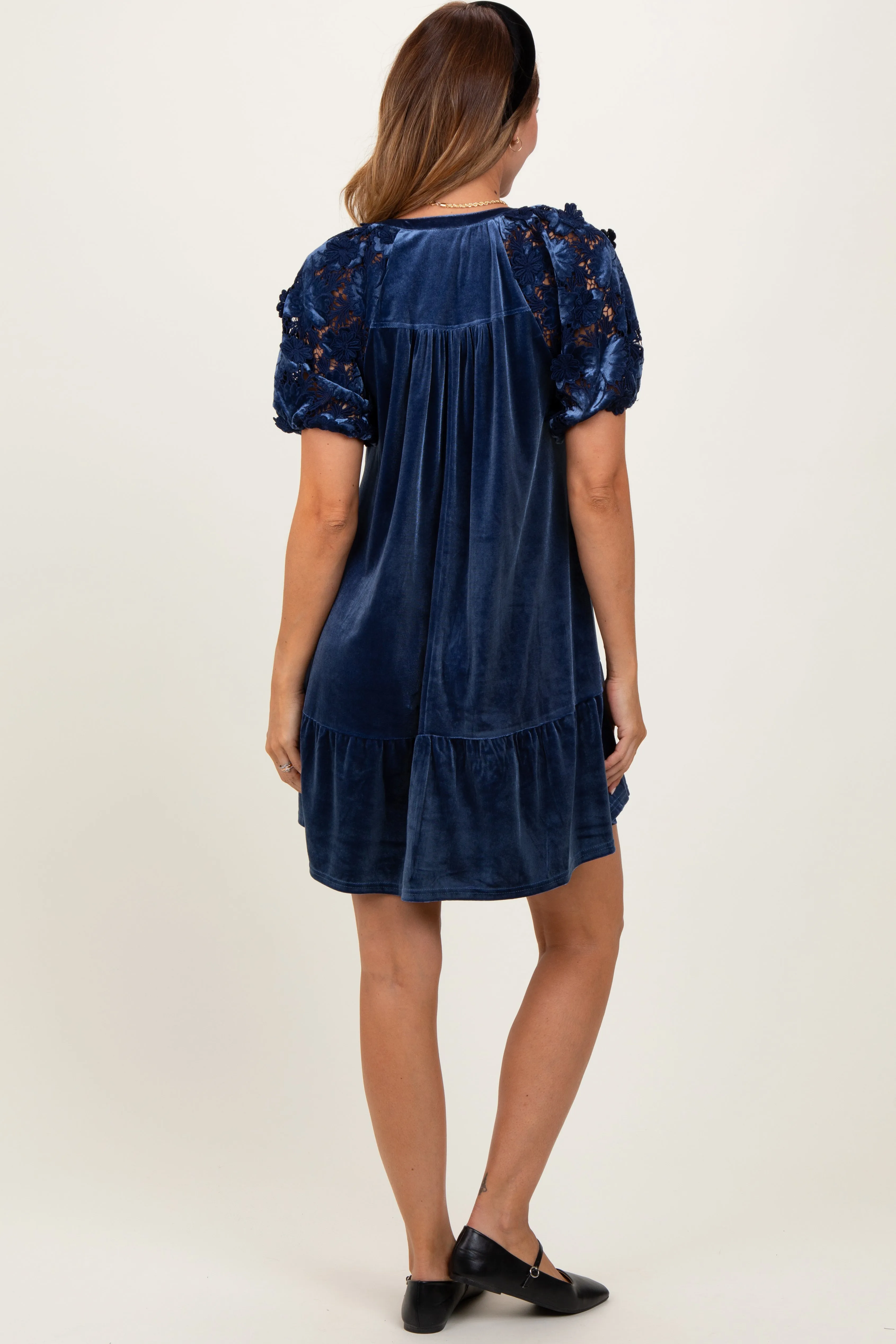 Blue Velvet Floral Lace Short Sleeve Dress sold by Pinkblush product image thumbnail 4