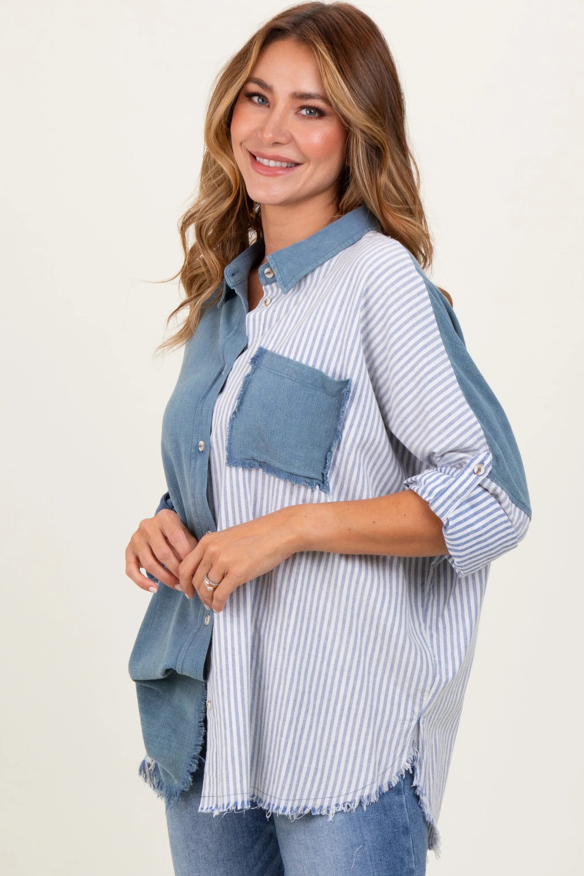 Blue Colorblock Stripe Oversized Button Down sold by Pinkblush product image thumbnail 3