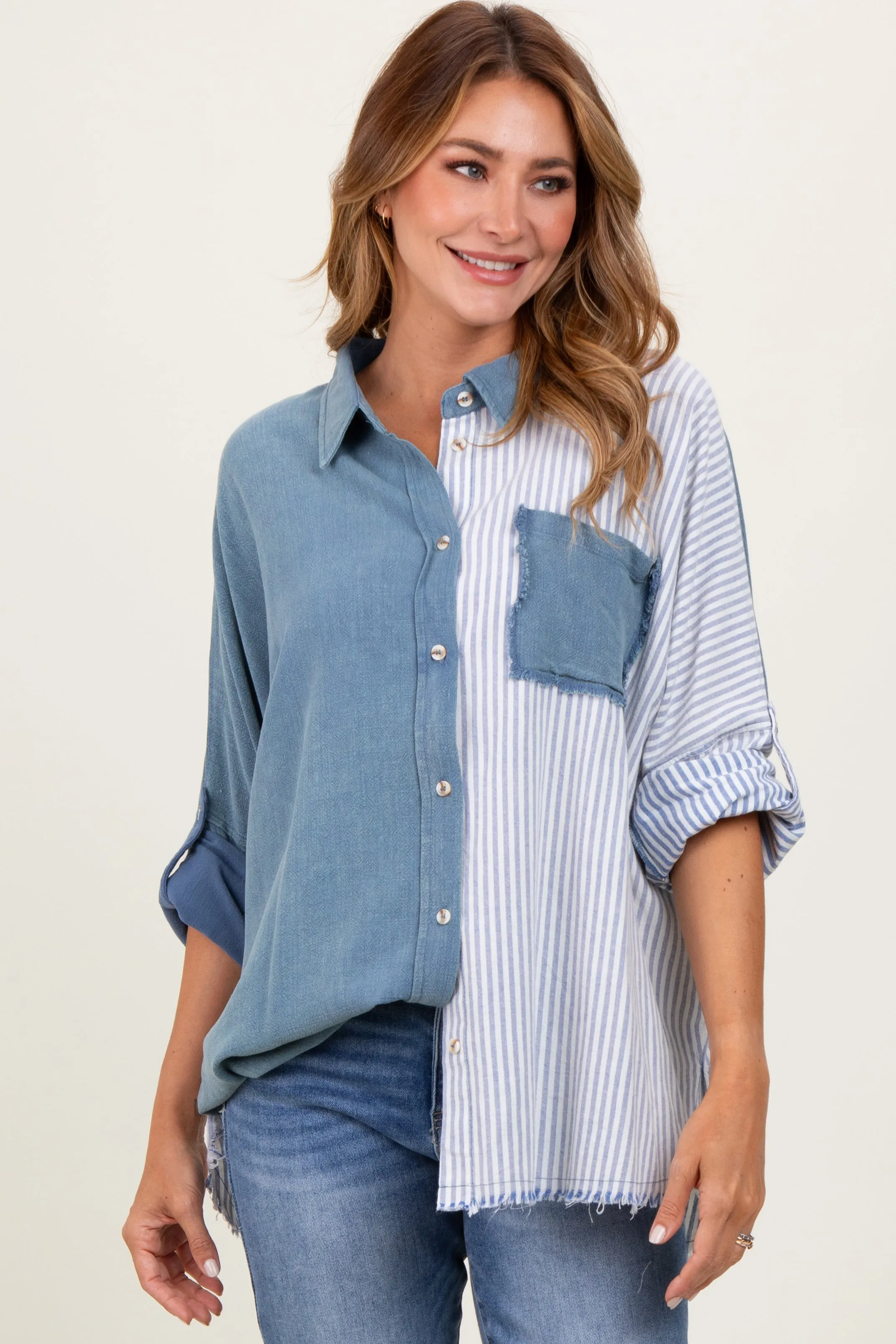 Blue Colorblock Stripe Oversized Button Down sold by Pinkblush