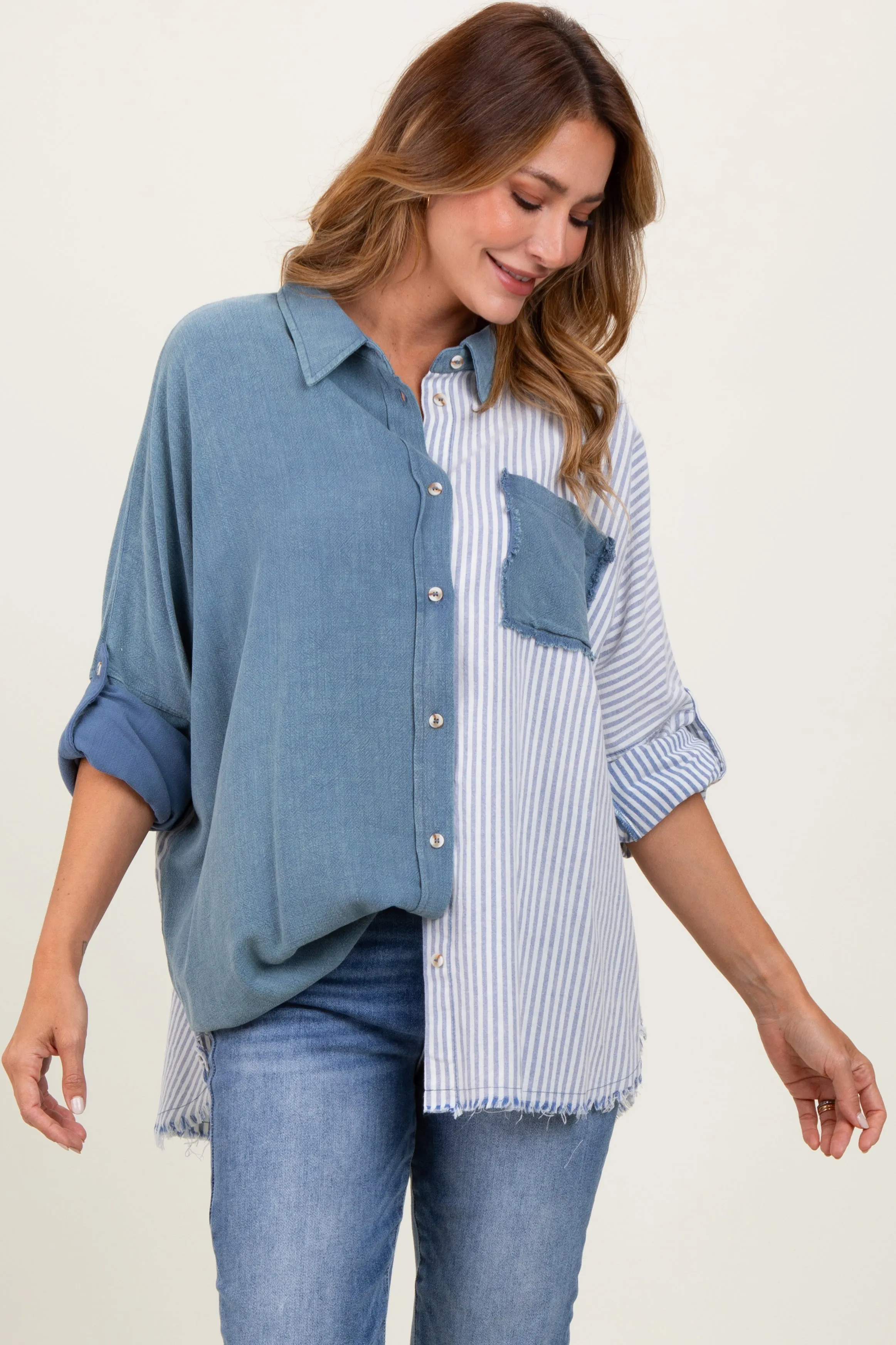 Blue Colorblock Stripe Oversized Button Down sold by Pinkblush product image thumbnail 2