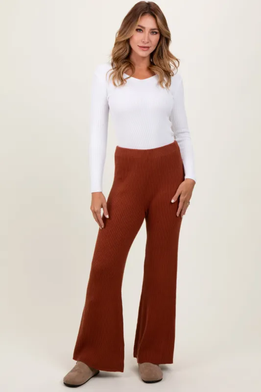Rust Ribbed Knit Flare Pants sold by Pinkblush
