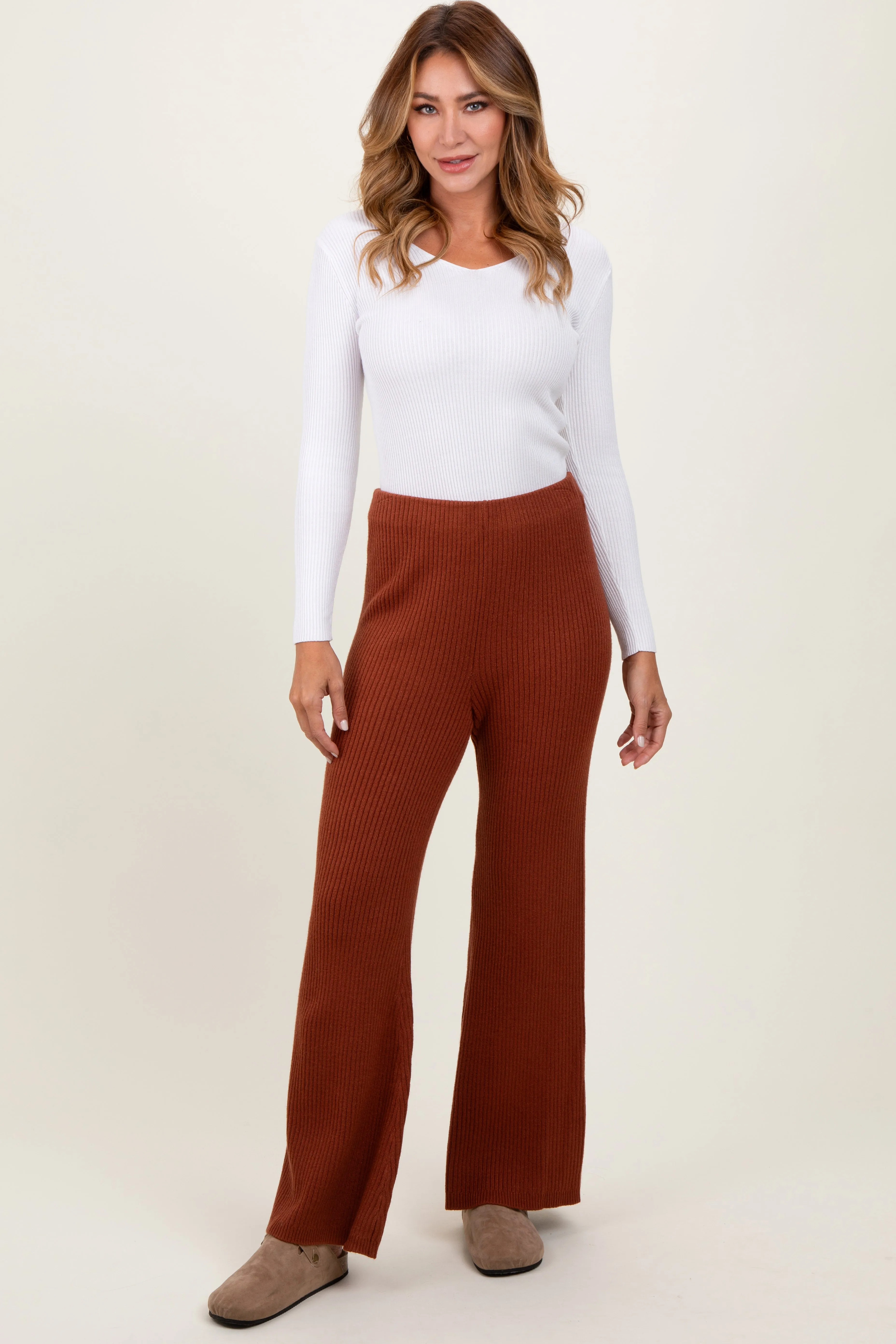 Rust Ribbed Knit Flare Pants sold by Pinkblush product image thumbnail 2