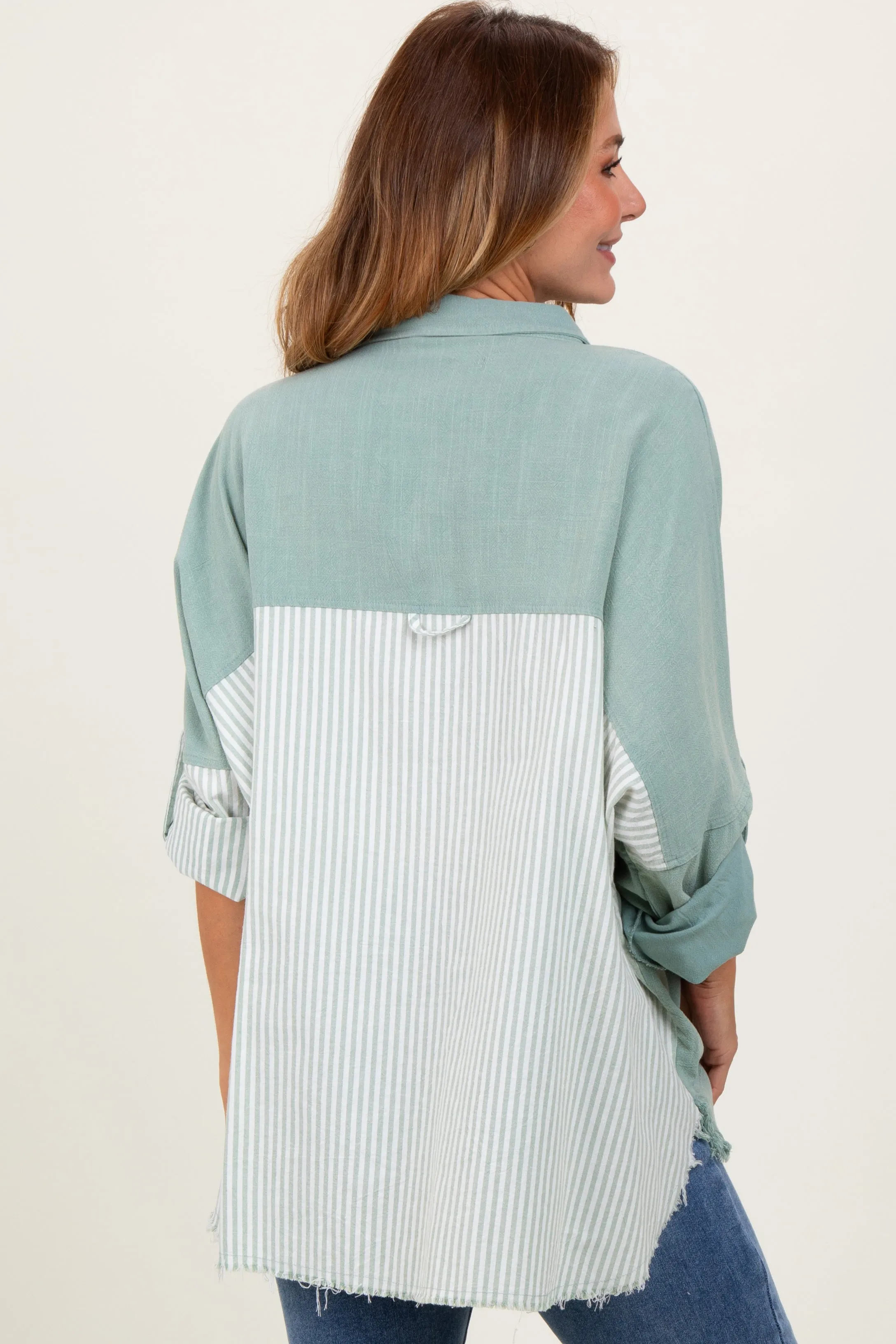 Light Olive Colorblock Stripe Oversized Button Down sold by Pinkblush product image thumbnail 3