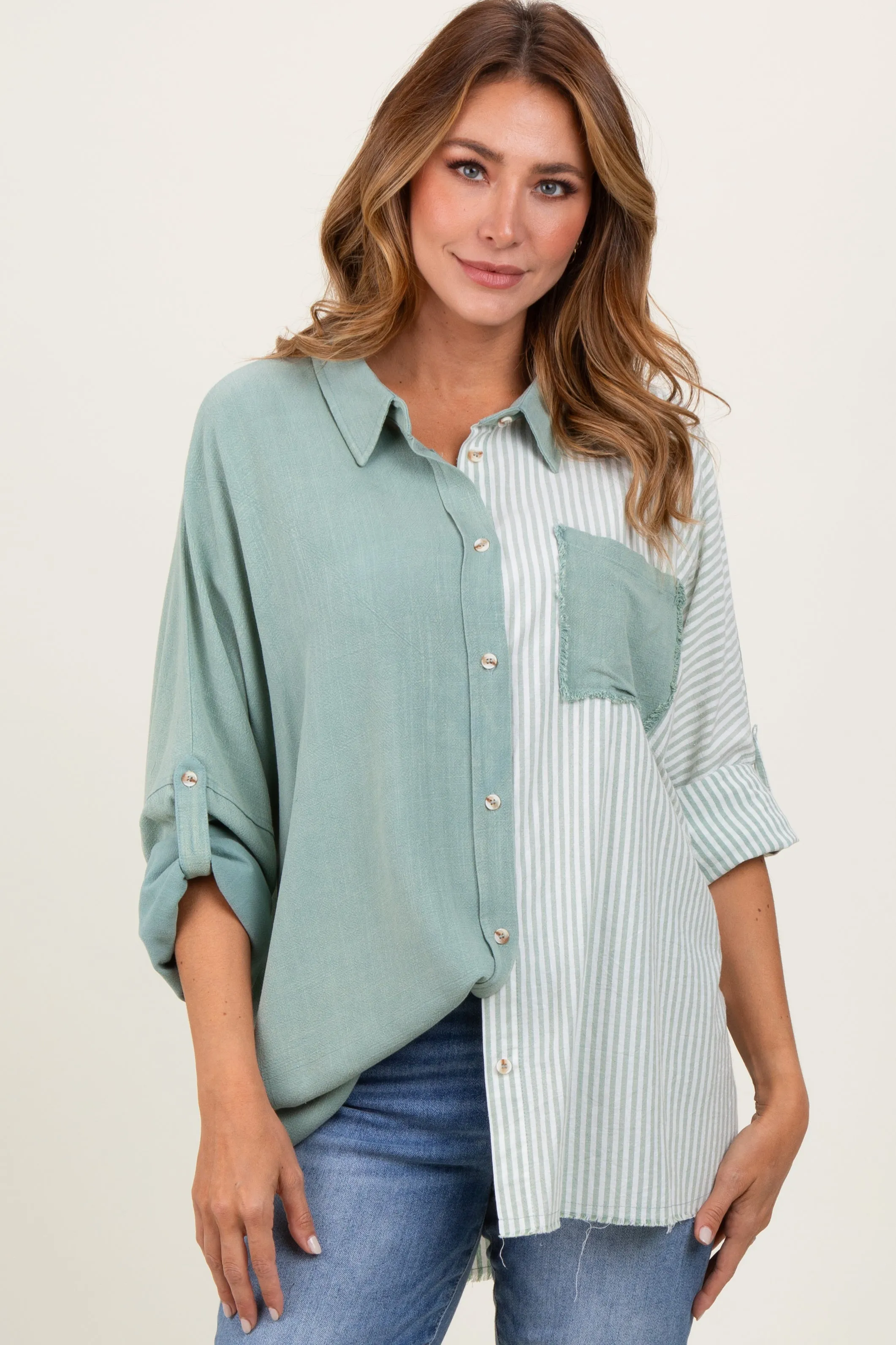 Light Olive Colorblock Stripe Oversized Button Down sold by Pinkblush