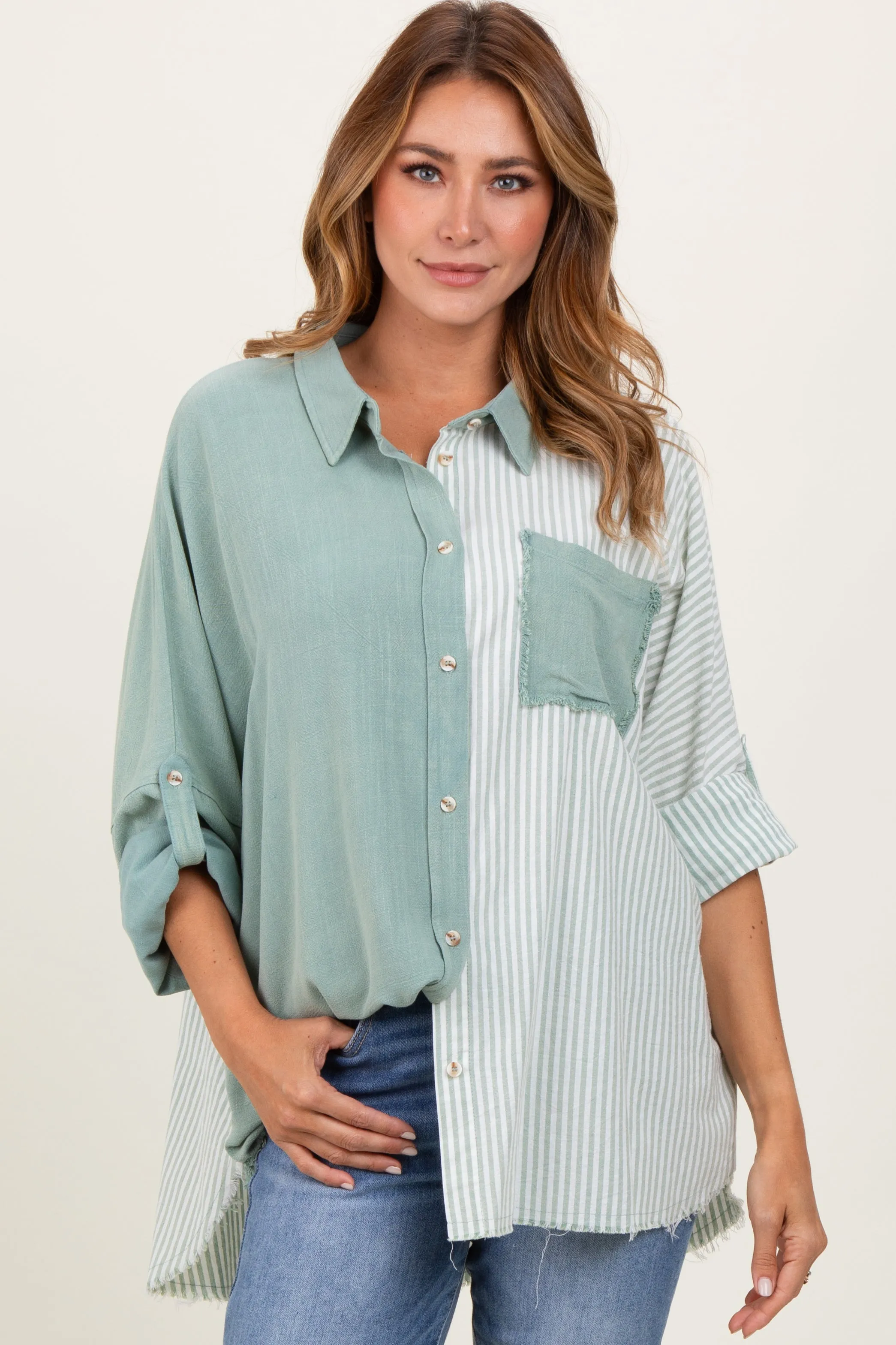Light Olive Colorblock Stripe Oversized Button Down sold by Pinkblush product image thumbnail 2
