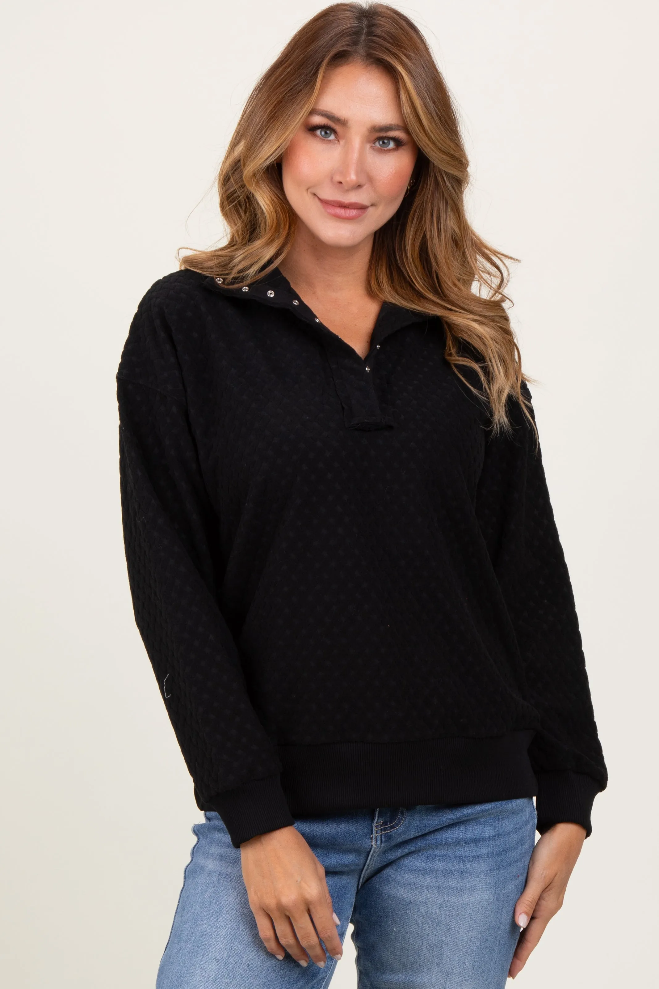 Black Quilted Knit Snap Collar Pullover Top sold by Pinkblush product image thumbnail 2