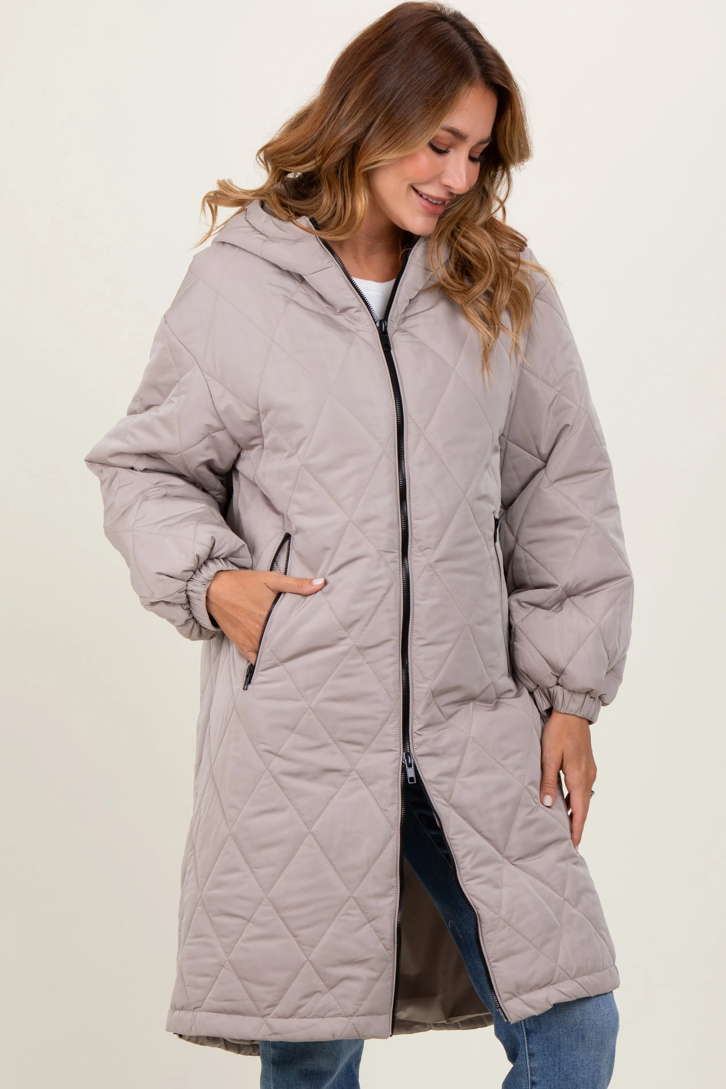Light Mocha Quilted Long Puffer Jacket sold by Pinkblush product image thumbnail 2