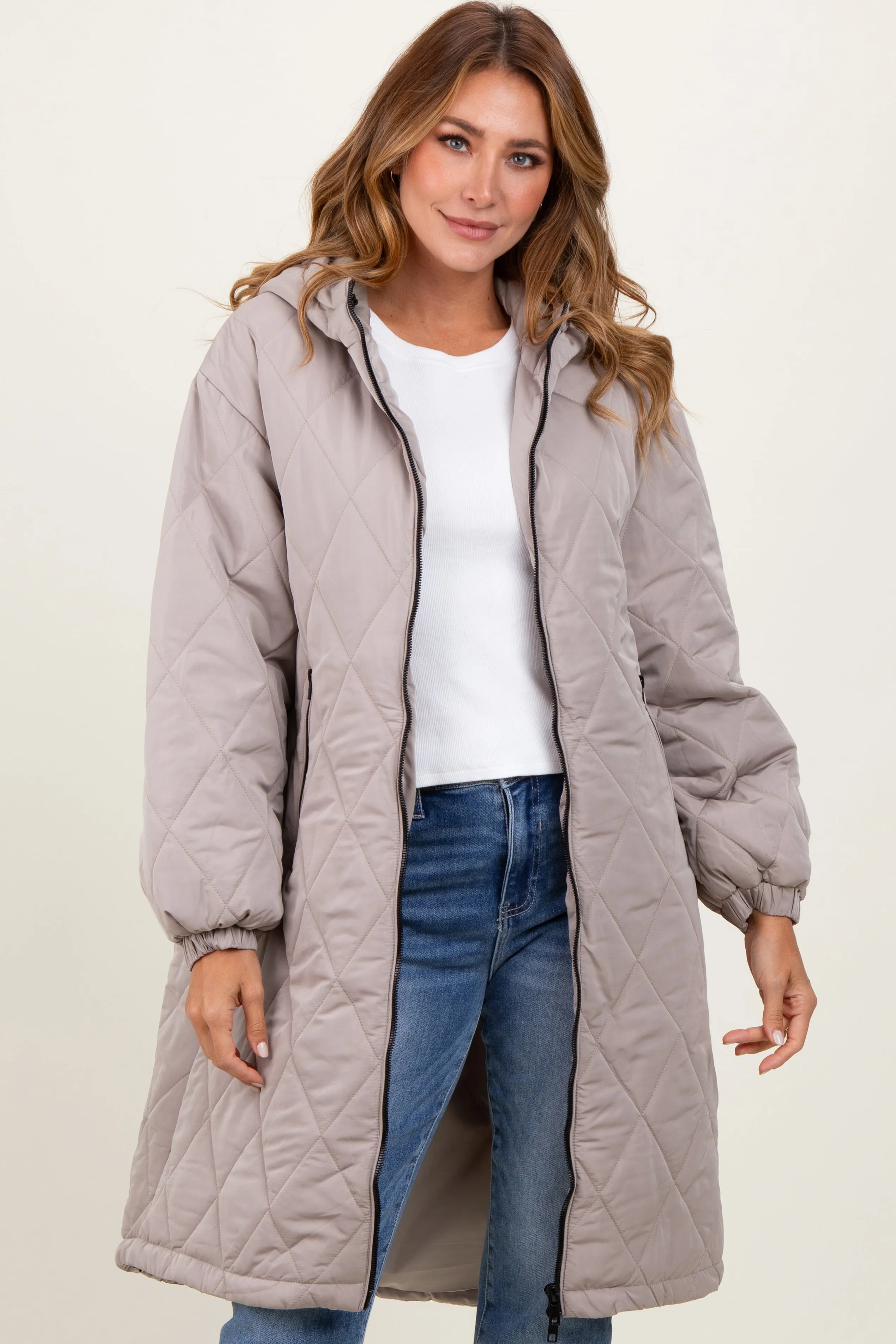 Light Mocha Quilted Long Puffer Jacket sold by Pinkblush