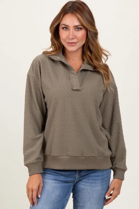 Olive Quilted Knit Snap Collar Pullover Top sold by Pinkblush