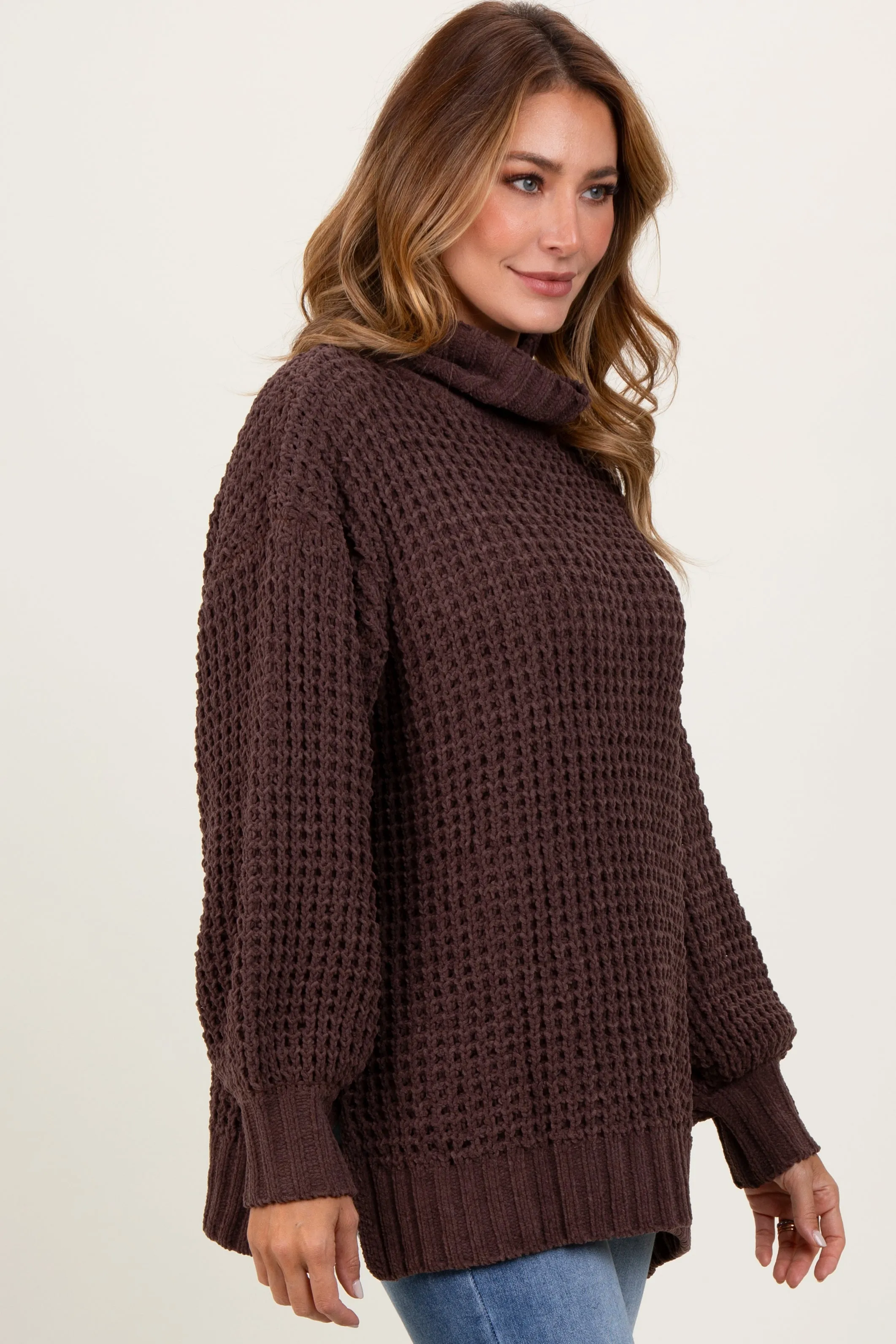 Brown Chunky Waffle Knit Turtleneck Sweater sold by Pinkblush product image thumbnail 3