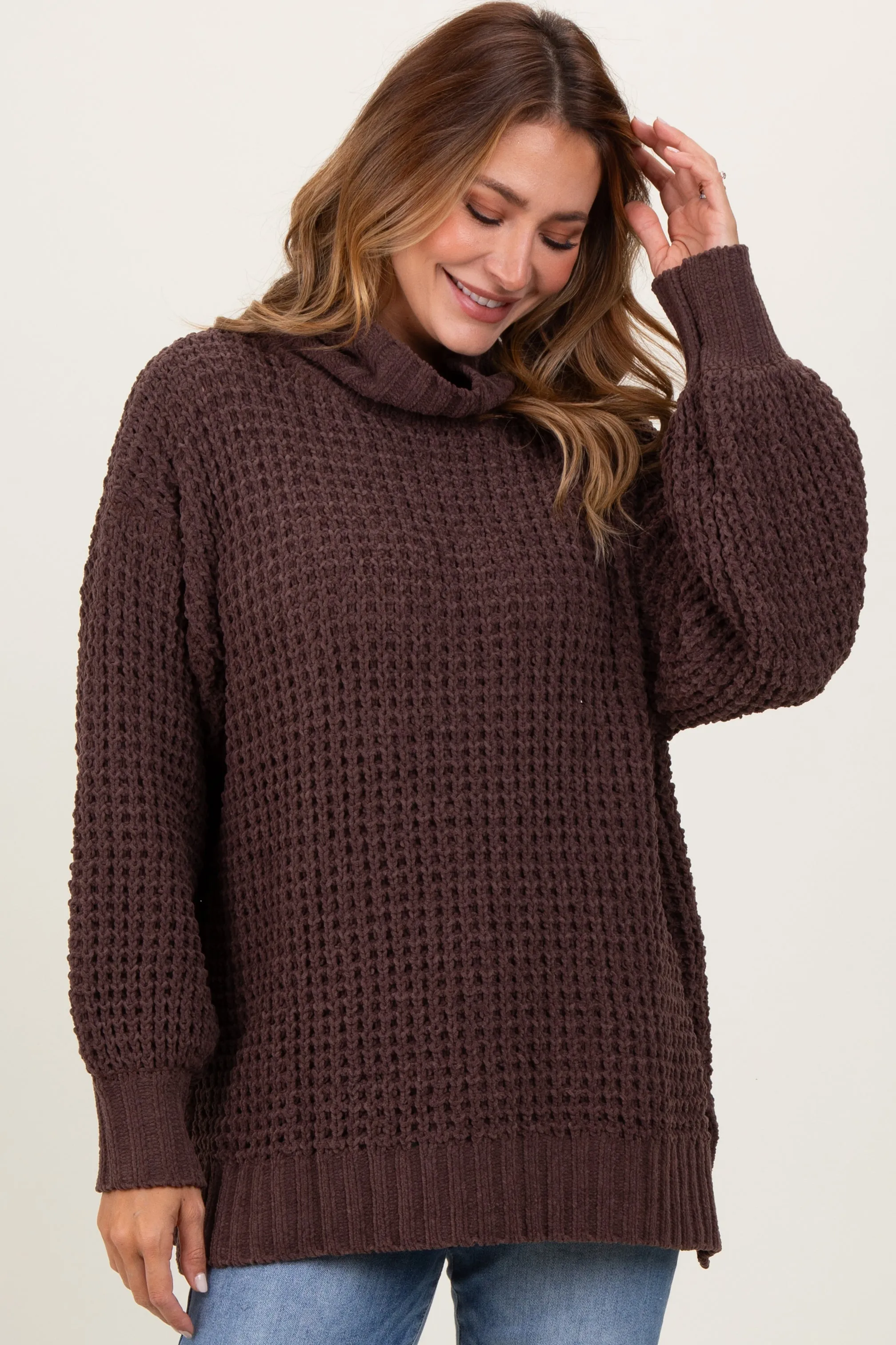 Brown Chunky Waffle Knit Turtleneck Sweater sold by Pinkblush