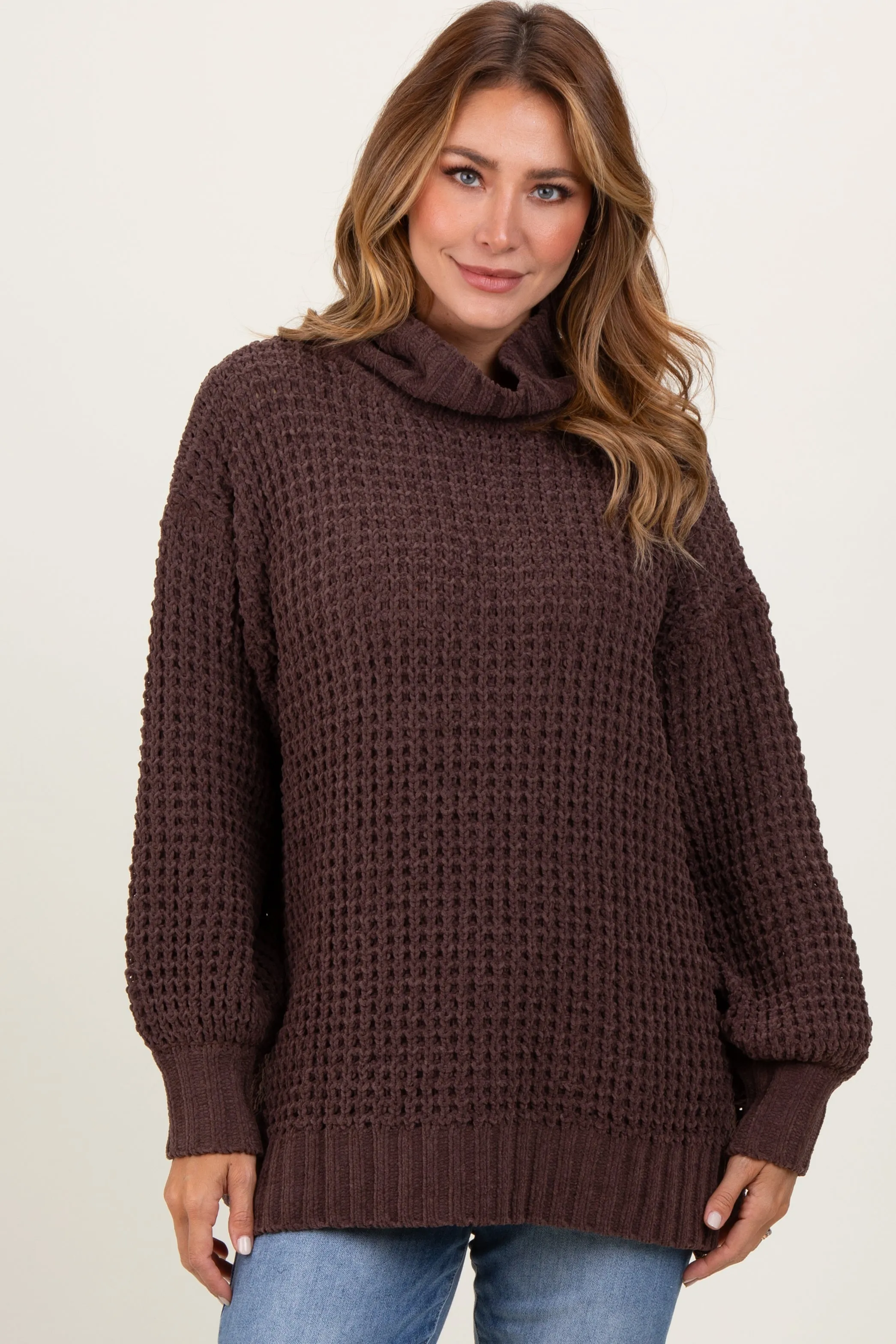 Brown Chunky Waffle Knit Turtleneck Sweater sold by Pinkblush product image thumbnail 2